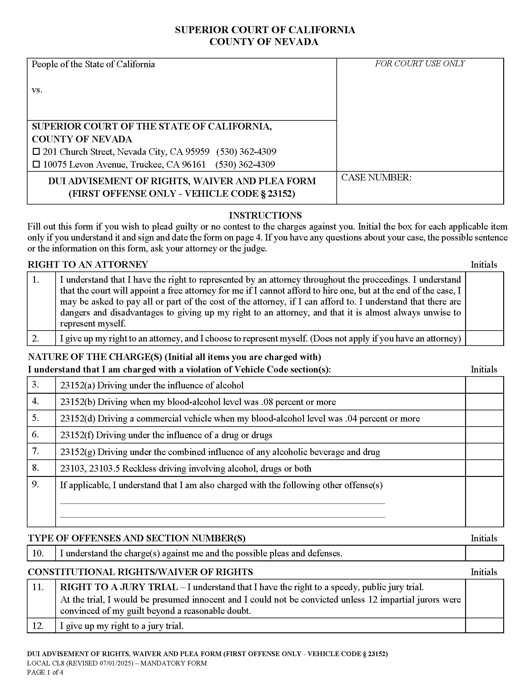 DUI Advisement Of Rights Waiver And Plea Form {CL8} | Pdf Fpdf Docx | California