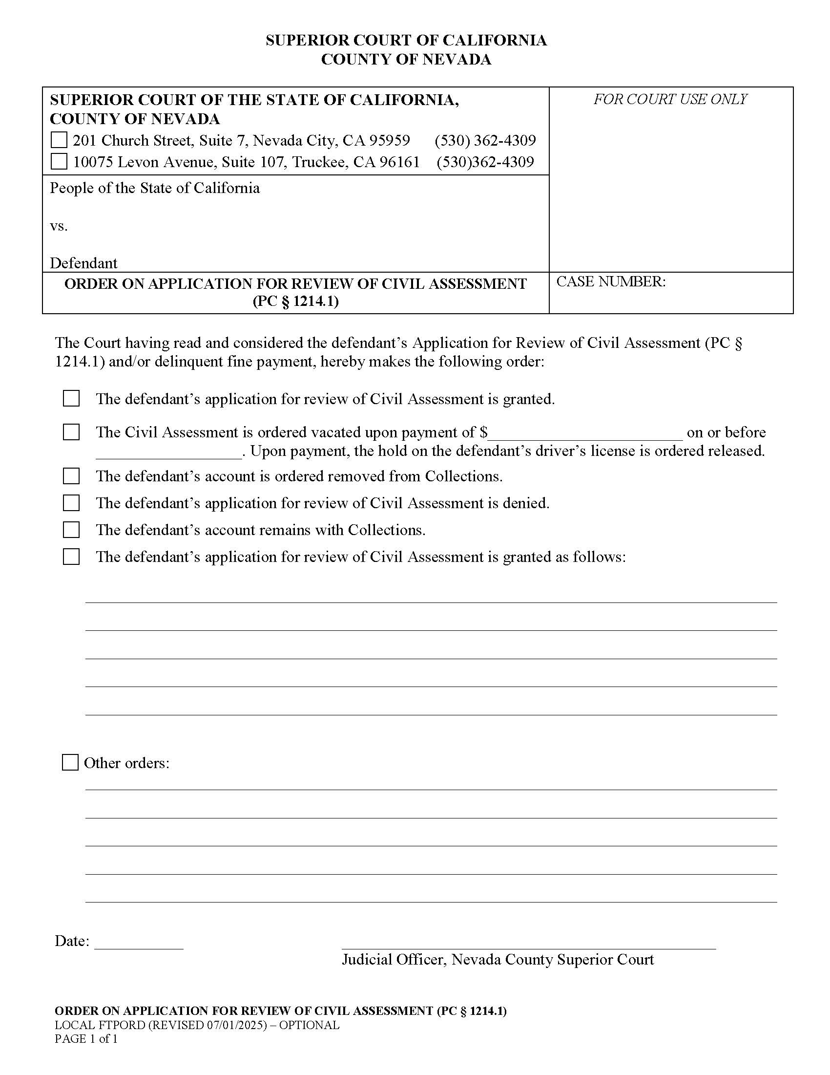 Failure To Pay–Order (On Application For Review Of Civil Assessment) {FTPORD} | Pdf Fpdf Docx | California