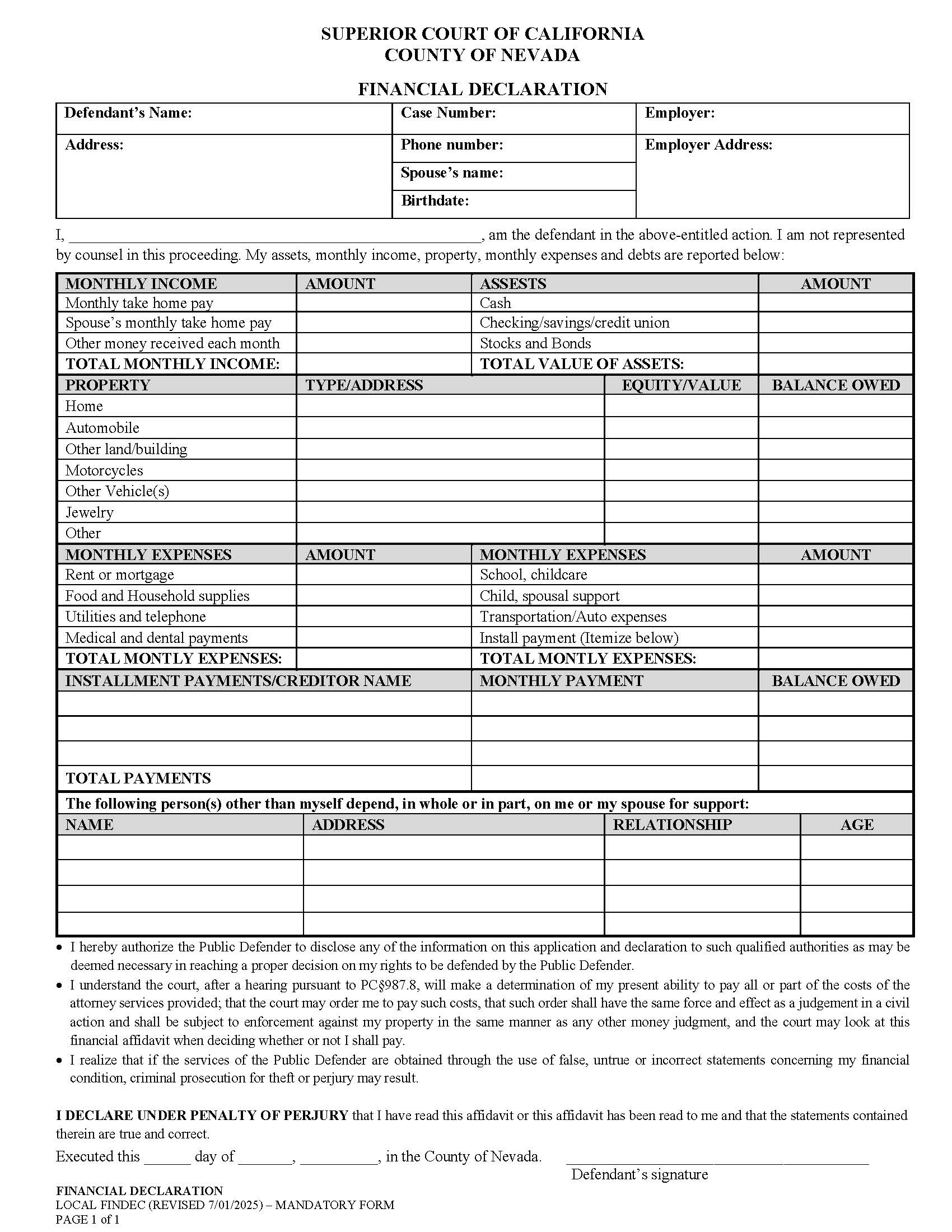 Failure To Pay-Financial Declaration {FINDEC} | Pdf Fpdf Docx | California