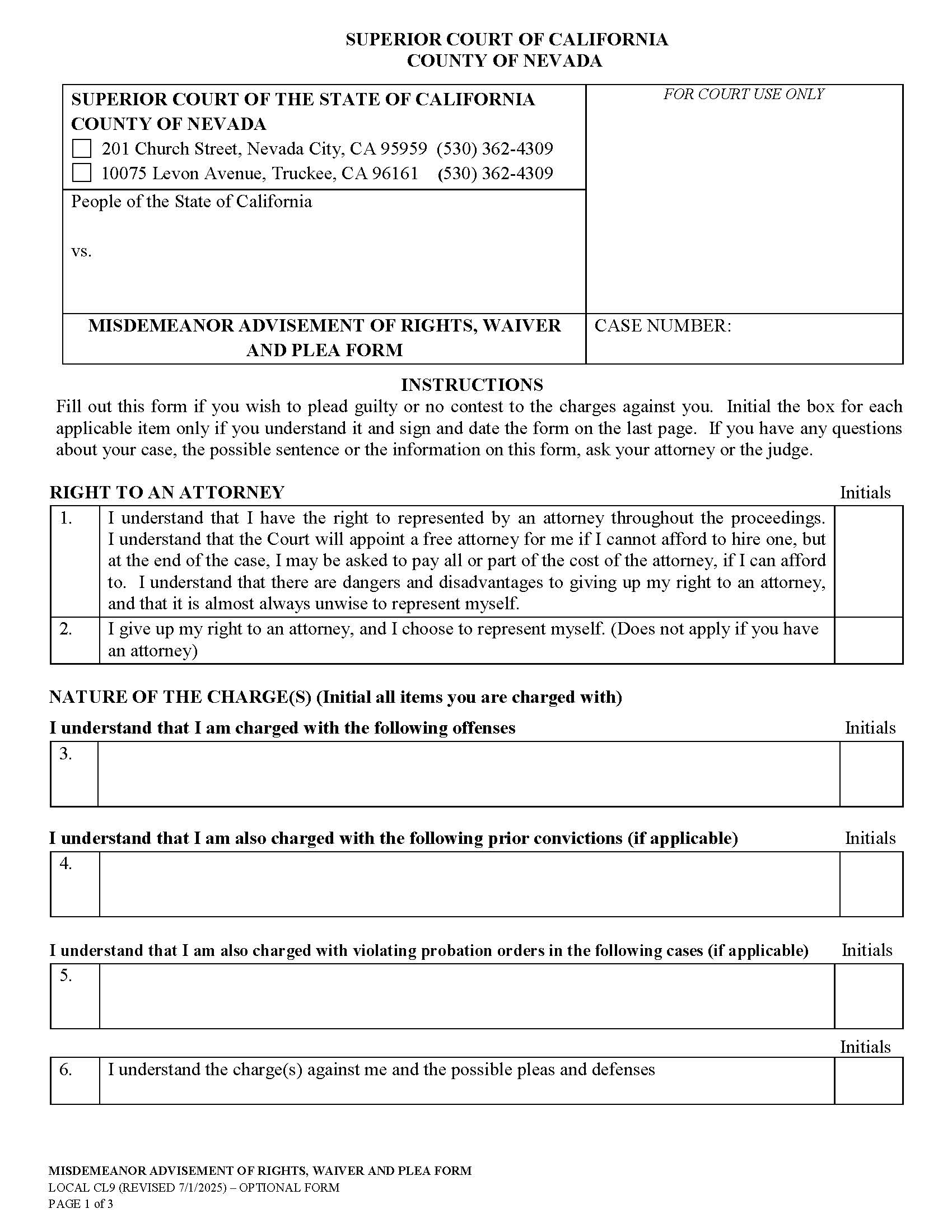 Misdemeanor Advisement Of Rights Waiver And Plea Form {CL9} | Pdf Fpdf Docx | California