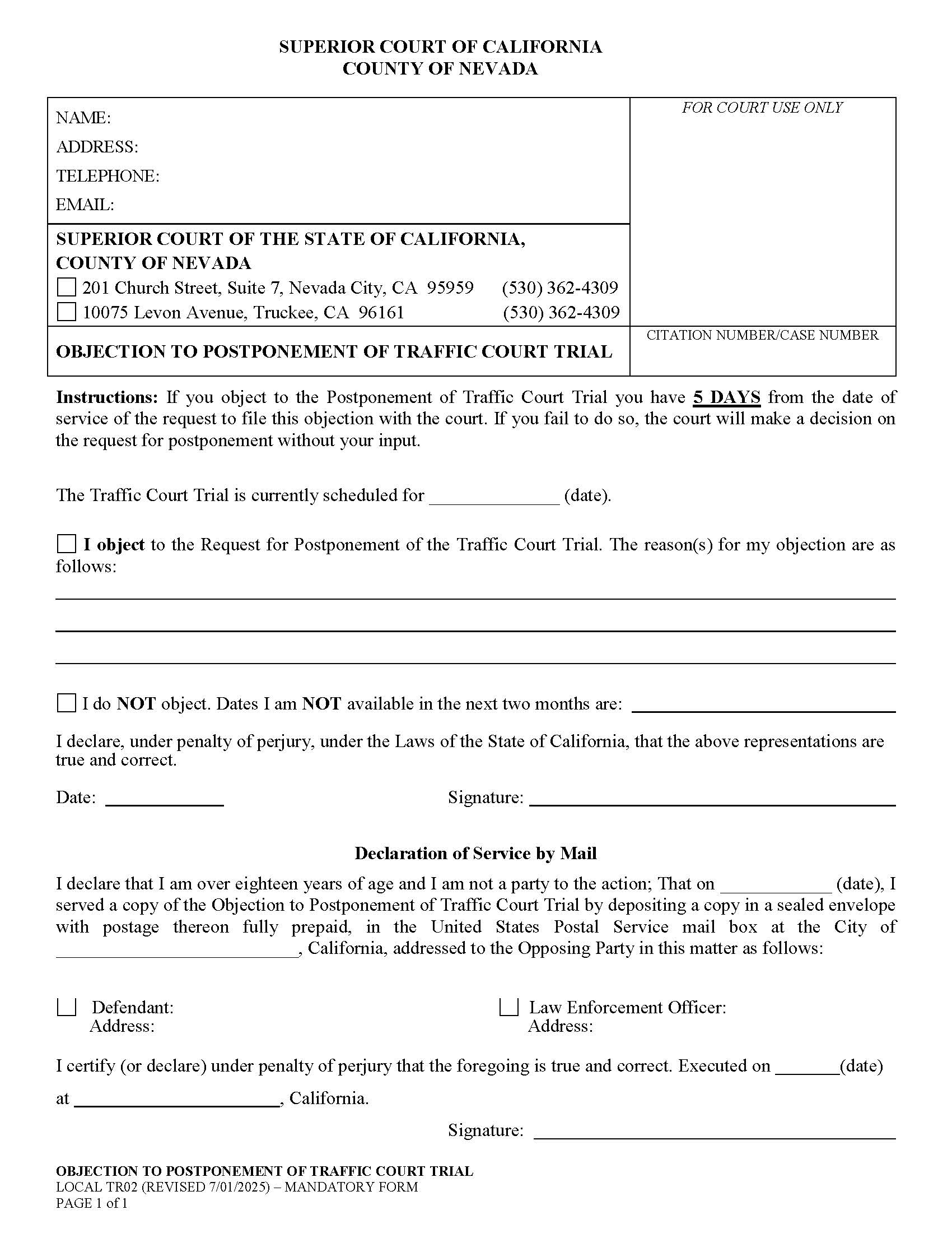 Objection To Request For Postponement {TR02} | Pdf Fpdf Docx | California