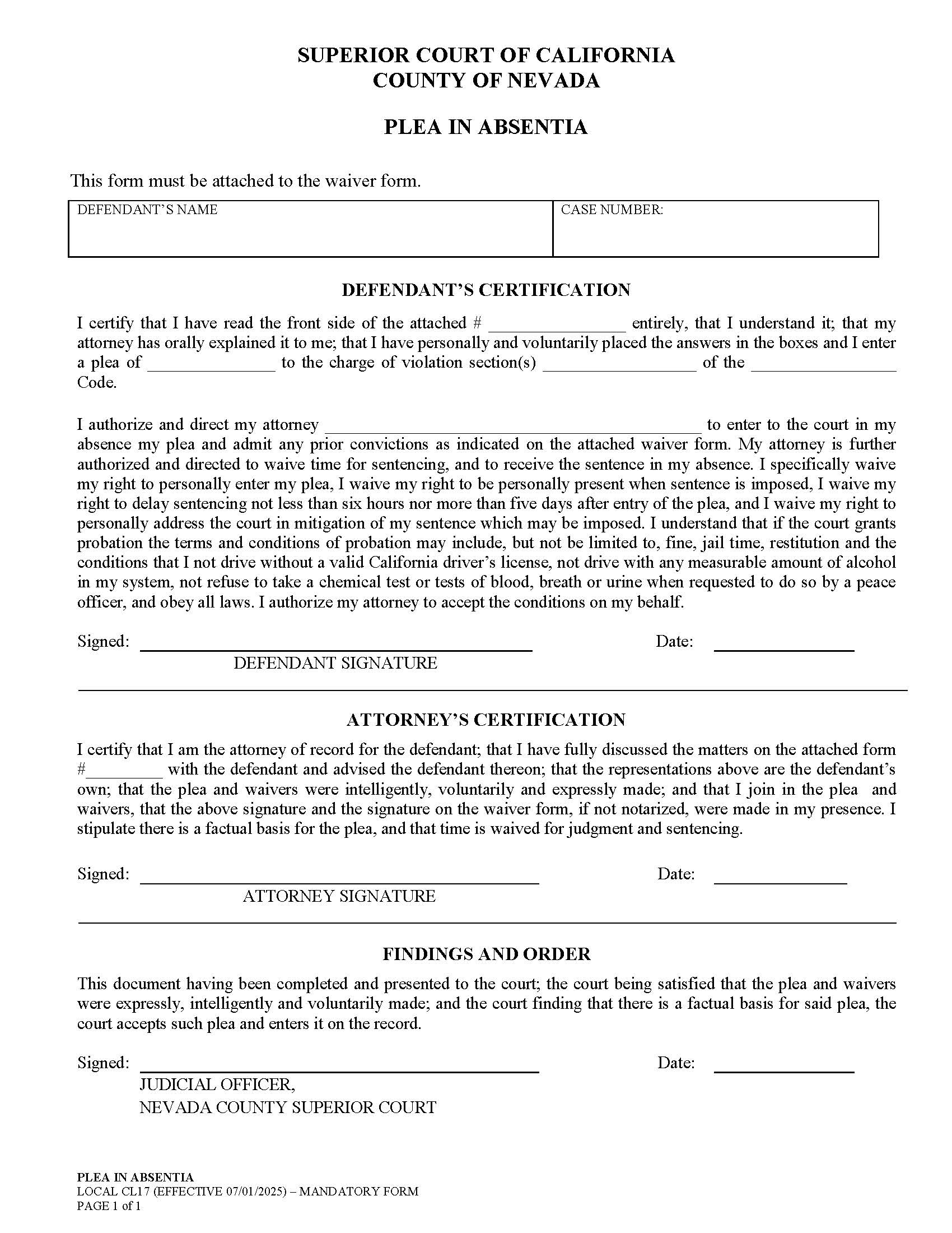 Plea In Absentia {CL17} | Pdf Fpdf Docx | California