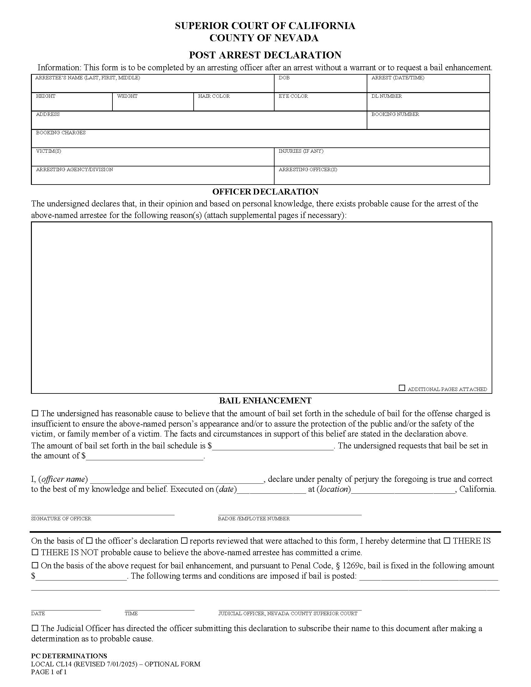 Post-Arrest Declaration {CL14} | Pdf Fpdf Docx | California