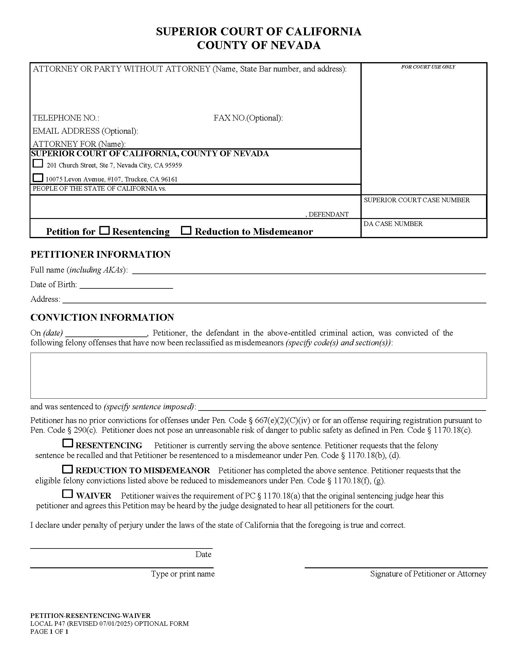 Prop 47-Petition For Resentencing With Waiver {P47} | Pdf Fpdf Docx | California