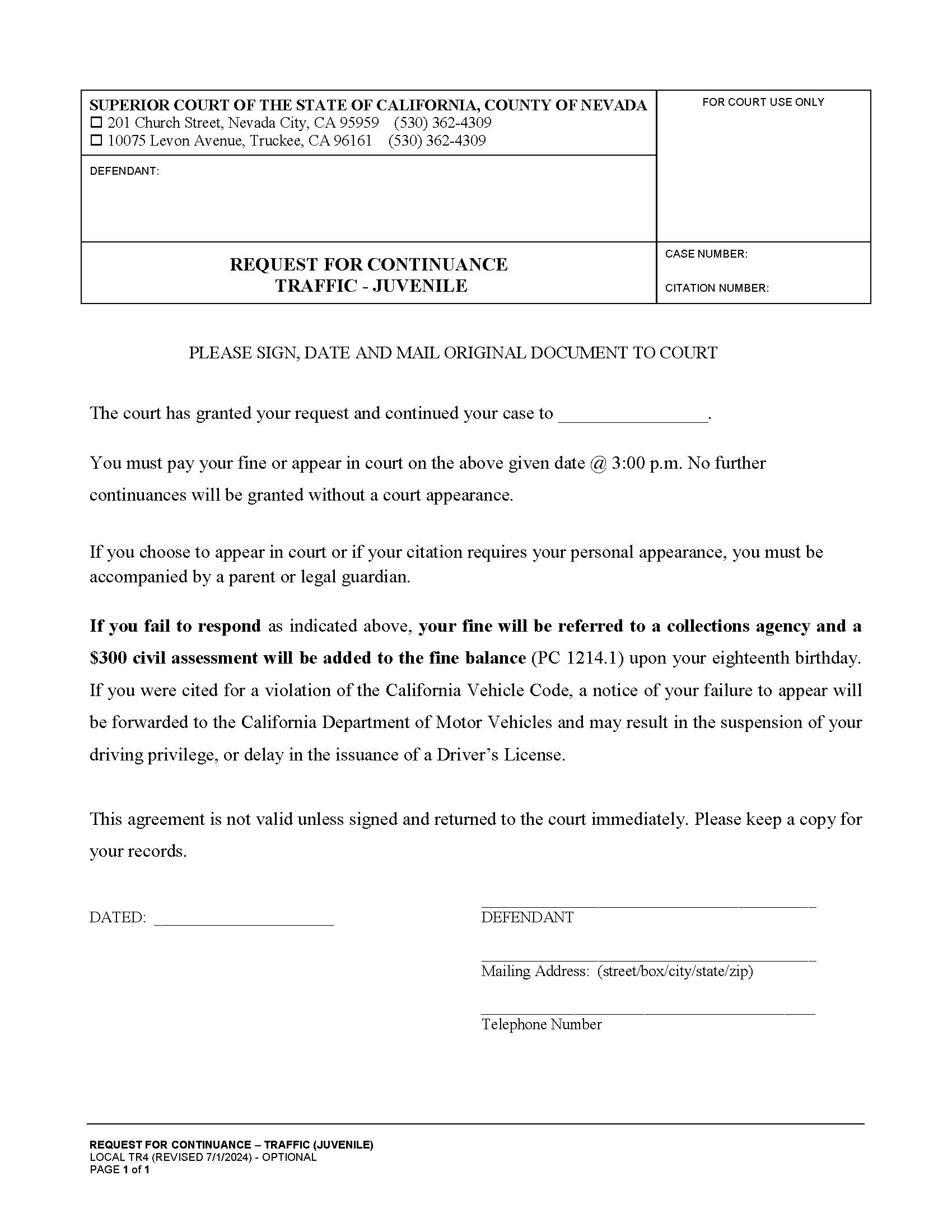 Request For Continuance Traffic-Juvenile {TR4} | Pdf Fpdf Doc Docx | California