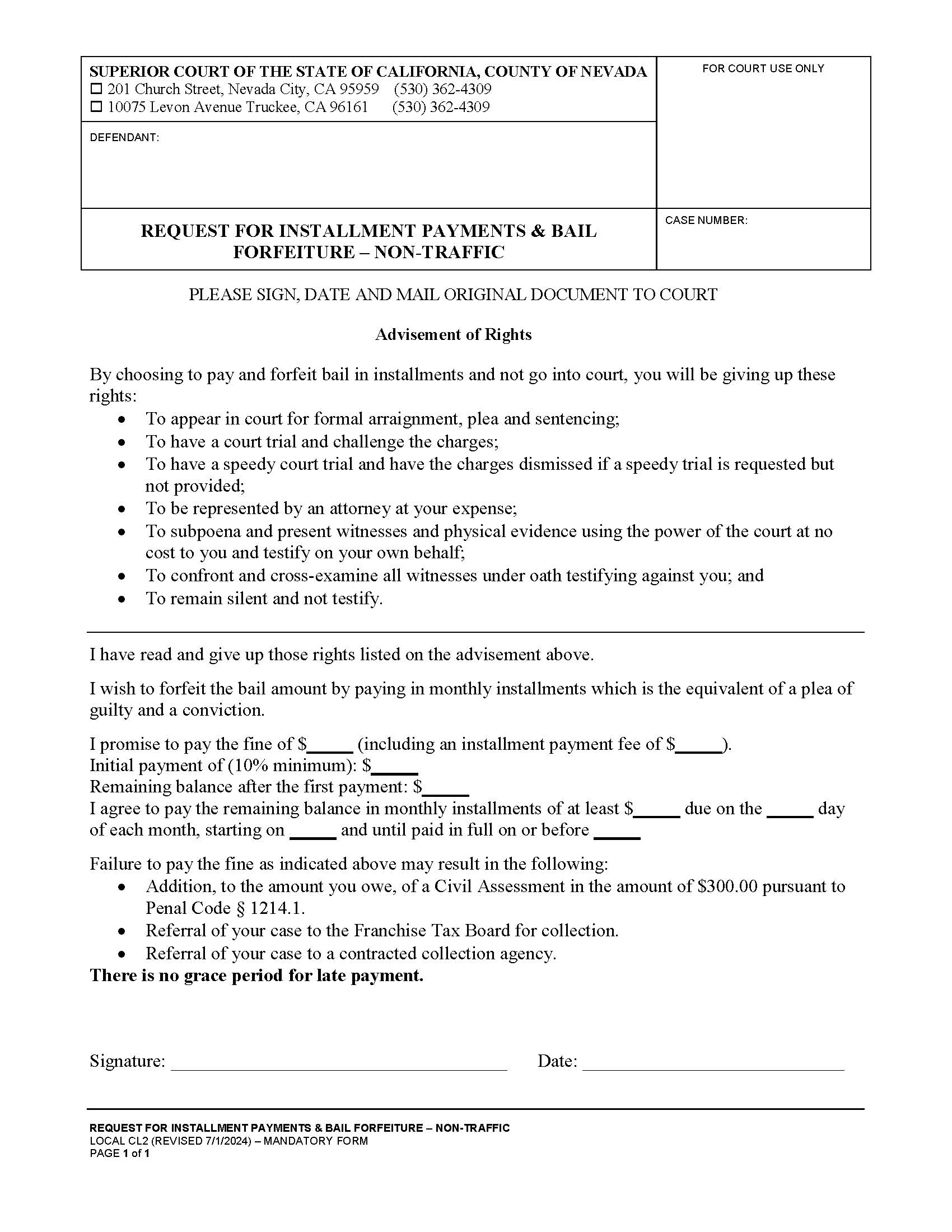 Request For Installment Payments And Bail Forfeiture-Non-Traffic {CL2} | Pdf Fpdf Docx | California