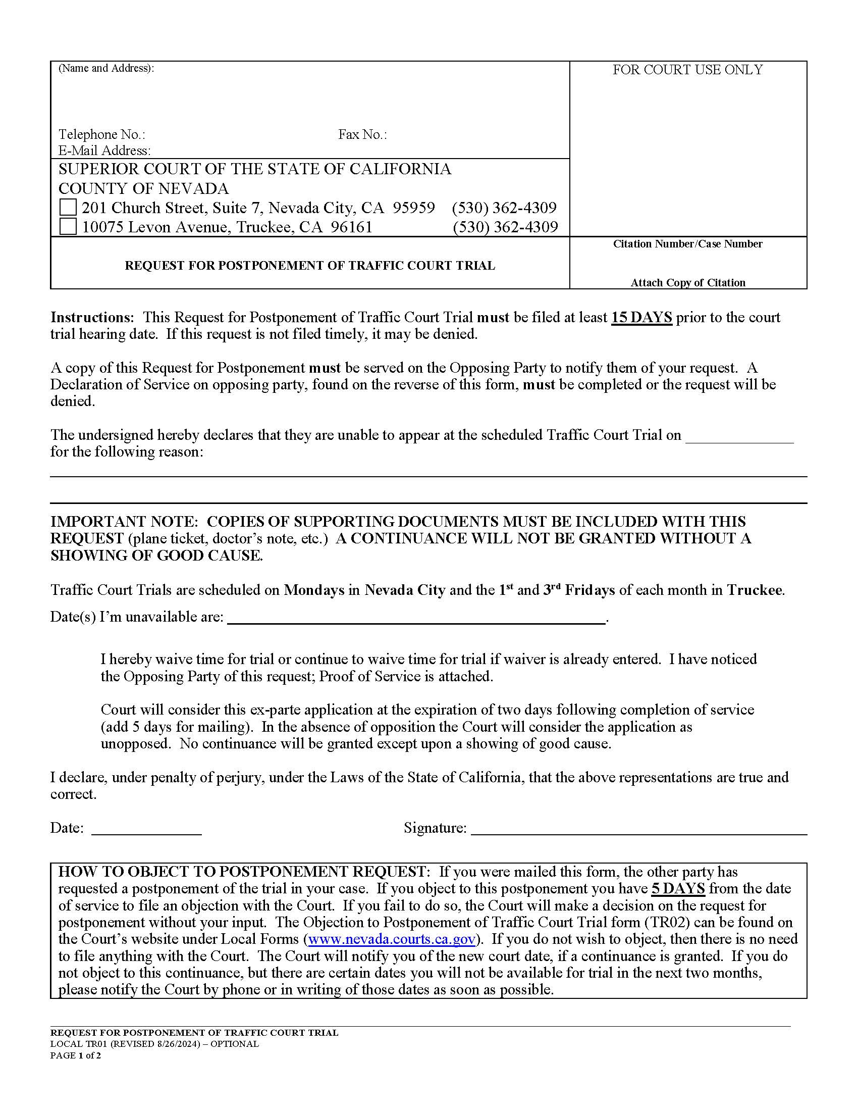 Request For Postponement Of Court Trial {TR01} | Pdf Fpdf Docx | California