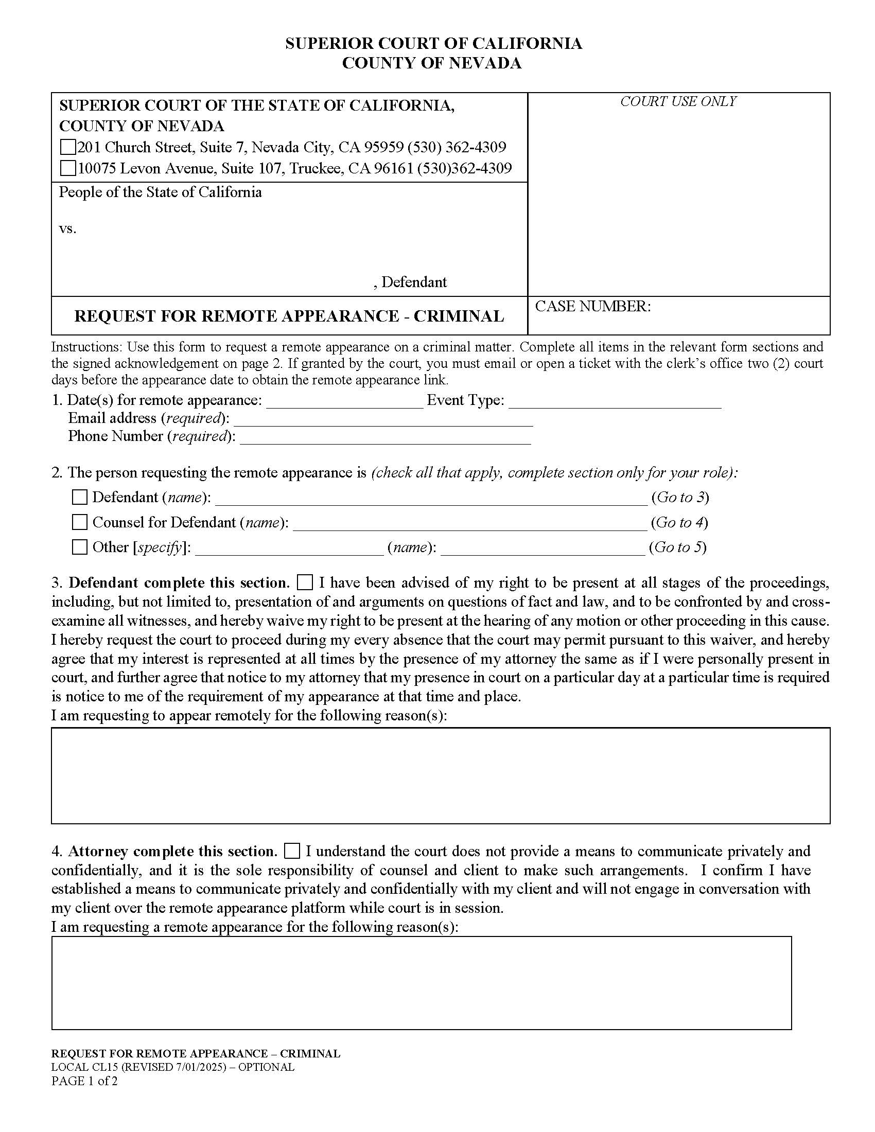 Request For Remote Appearance {CL15} | Pdf Fpdf Docx | California