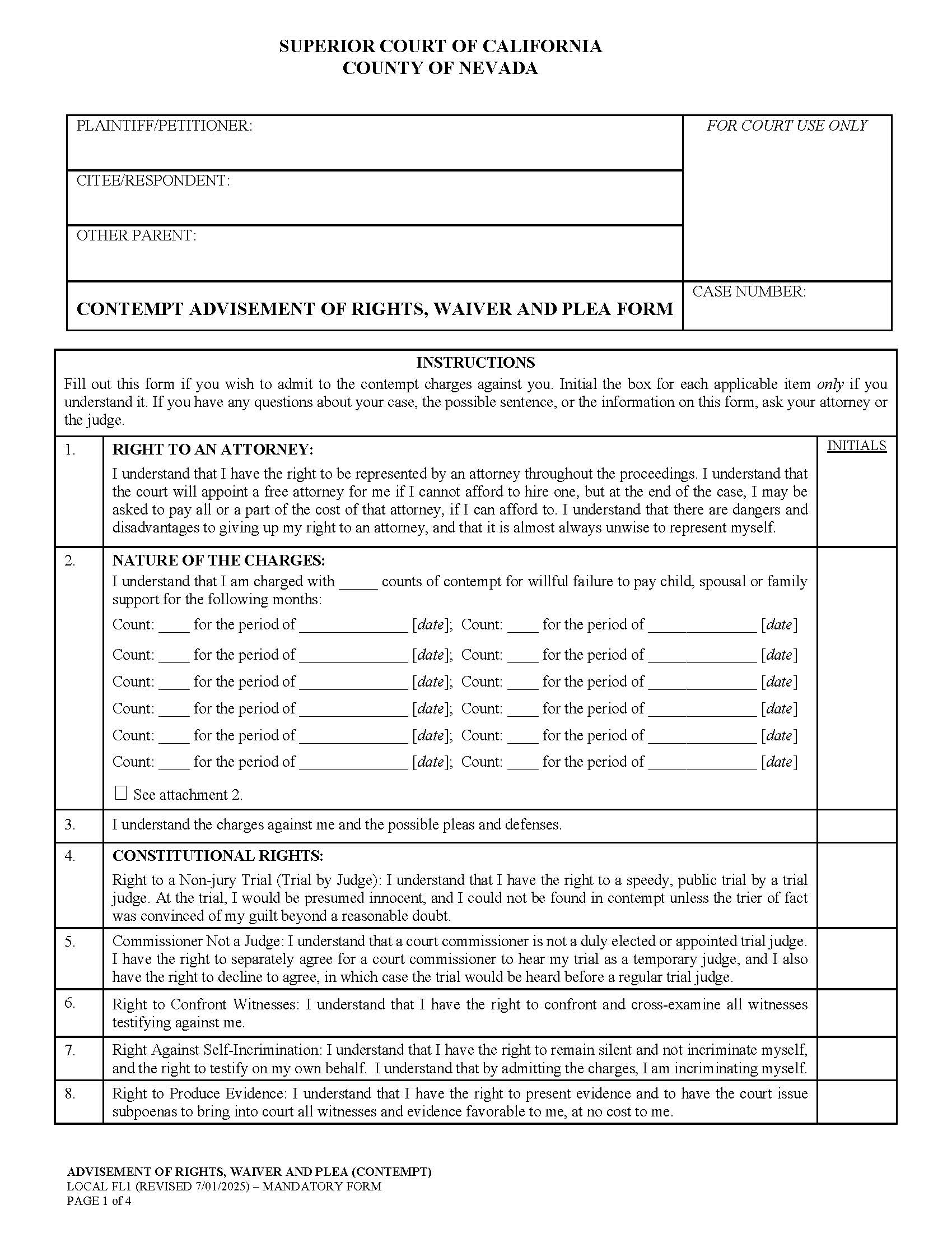 Contempt Advisement Of Rights Waiver And Plea Form {FL1} | Pdf Fpdf Doc Docx | California