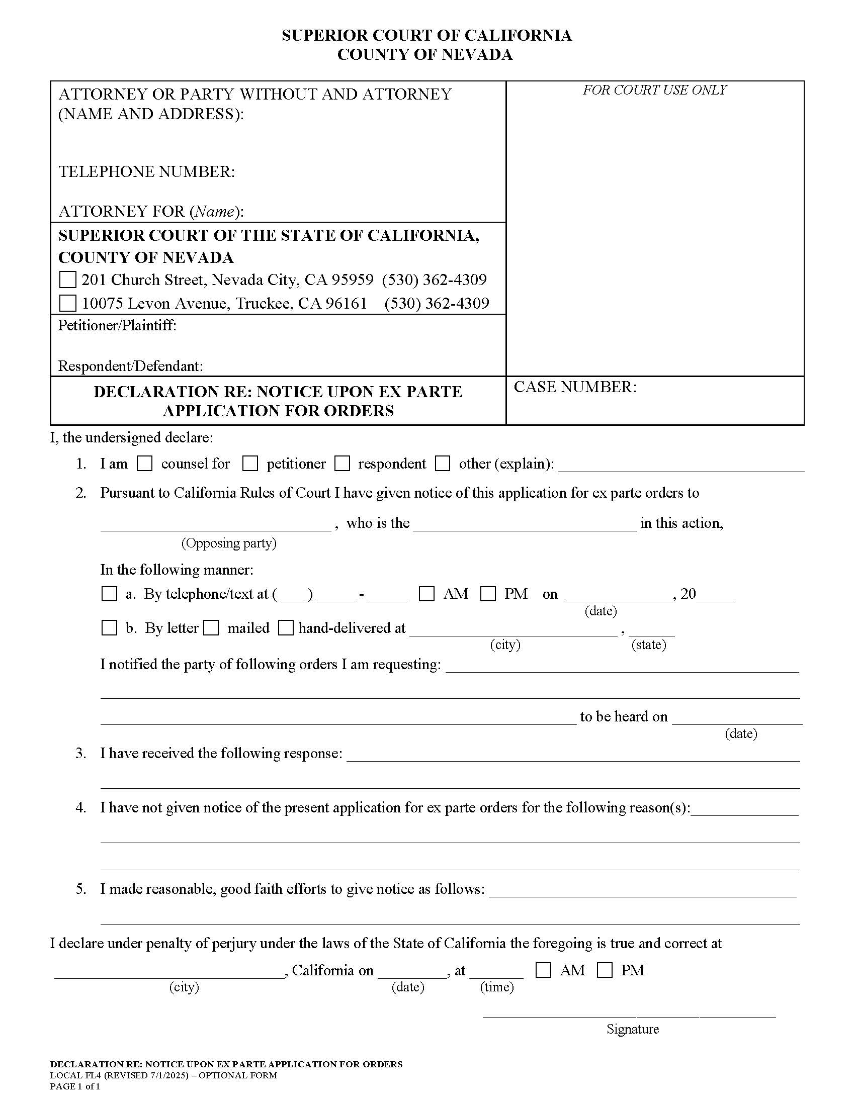 Declaration Re Notice Upon Ex Parte Application For Orders {FL4} | Pdf Fpdf Doc Docx | California