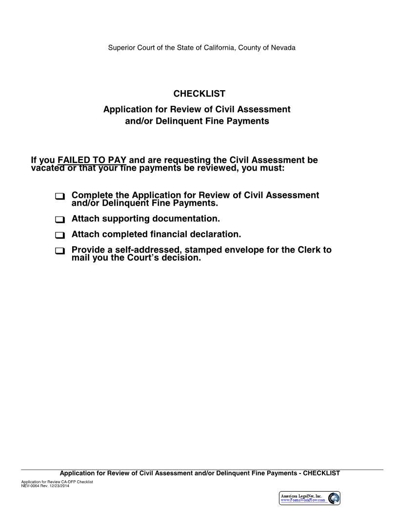 Failure To Pay Packet Checklist {NEV-0064} | Pdf Fpdf Docx | California
