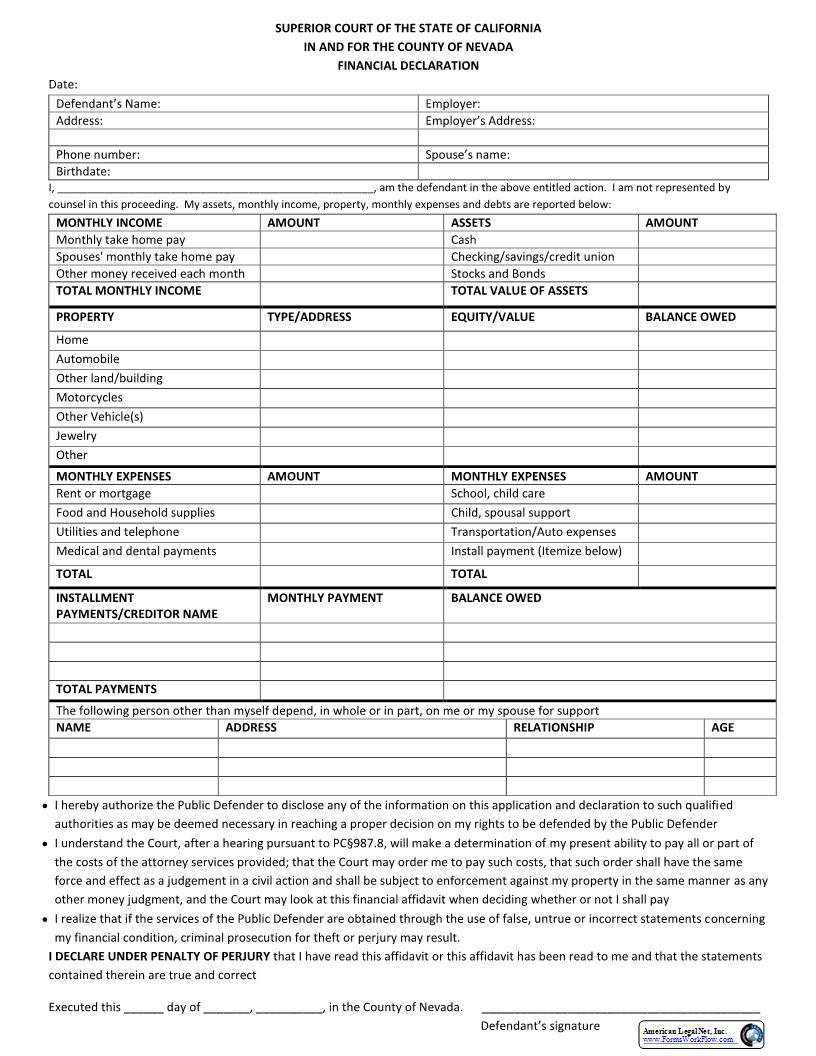 Failure to Pay Packet (FTP)–Financial Declaration {FIN-DEC} | Pdf Fpdf Docx | California