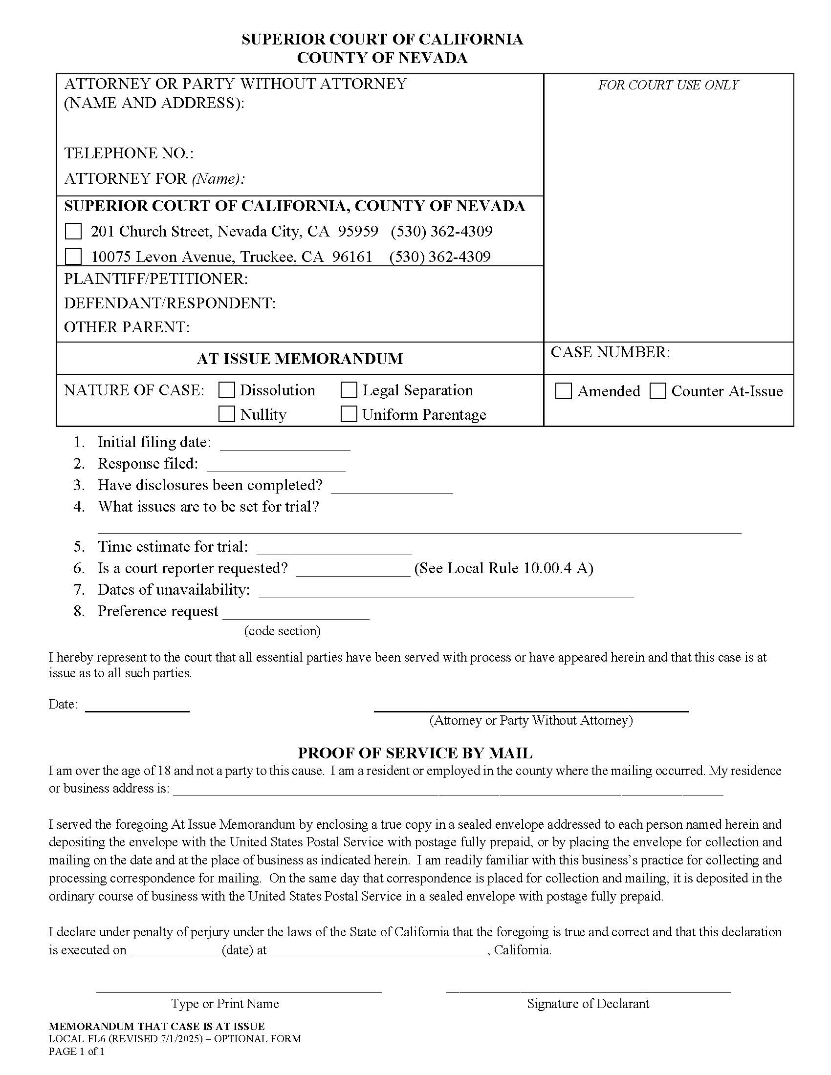 Memorandum That Civil Case Is At Issue {FL6} | Pdf Fpdf Doc Docx | California