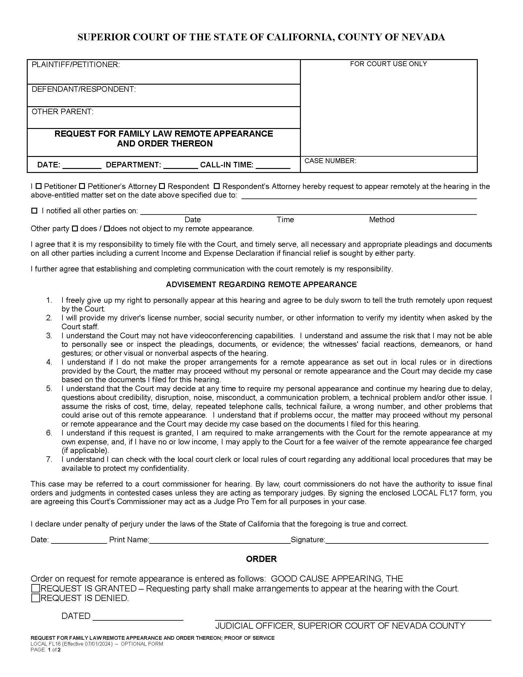 Request For Family Law Telephone Appearance And Order Thereon {FL16} | Pdf Fpdf Doc Docx | California