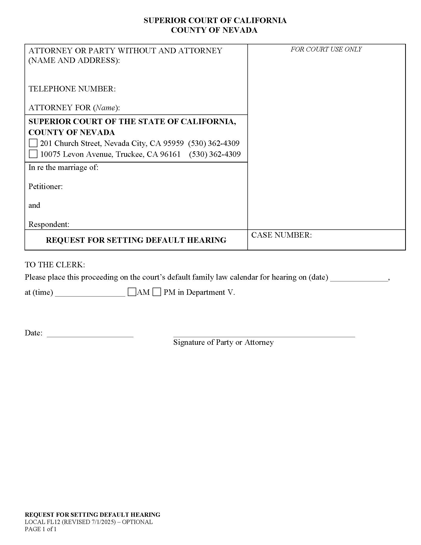 Request For Setting Default Hearing {FL12} | Pdf Fpdf Doc Docx | California