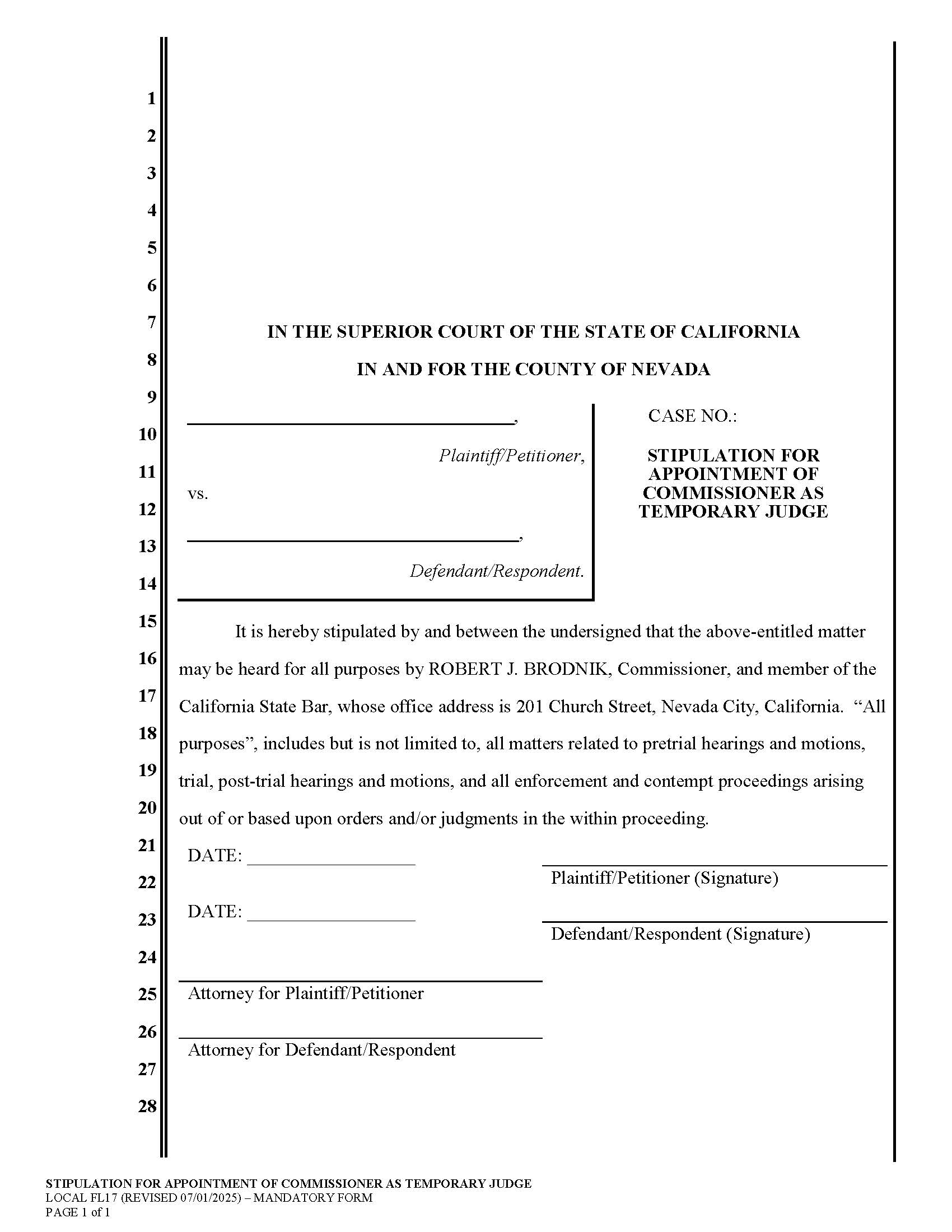 Stipulation For Appointment Of Commissioner As Temporary Judge {FL17} | Pdf Fpdf Doc Docx | California