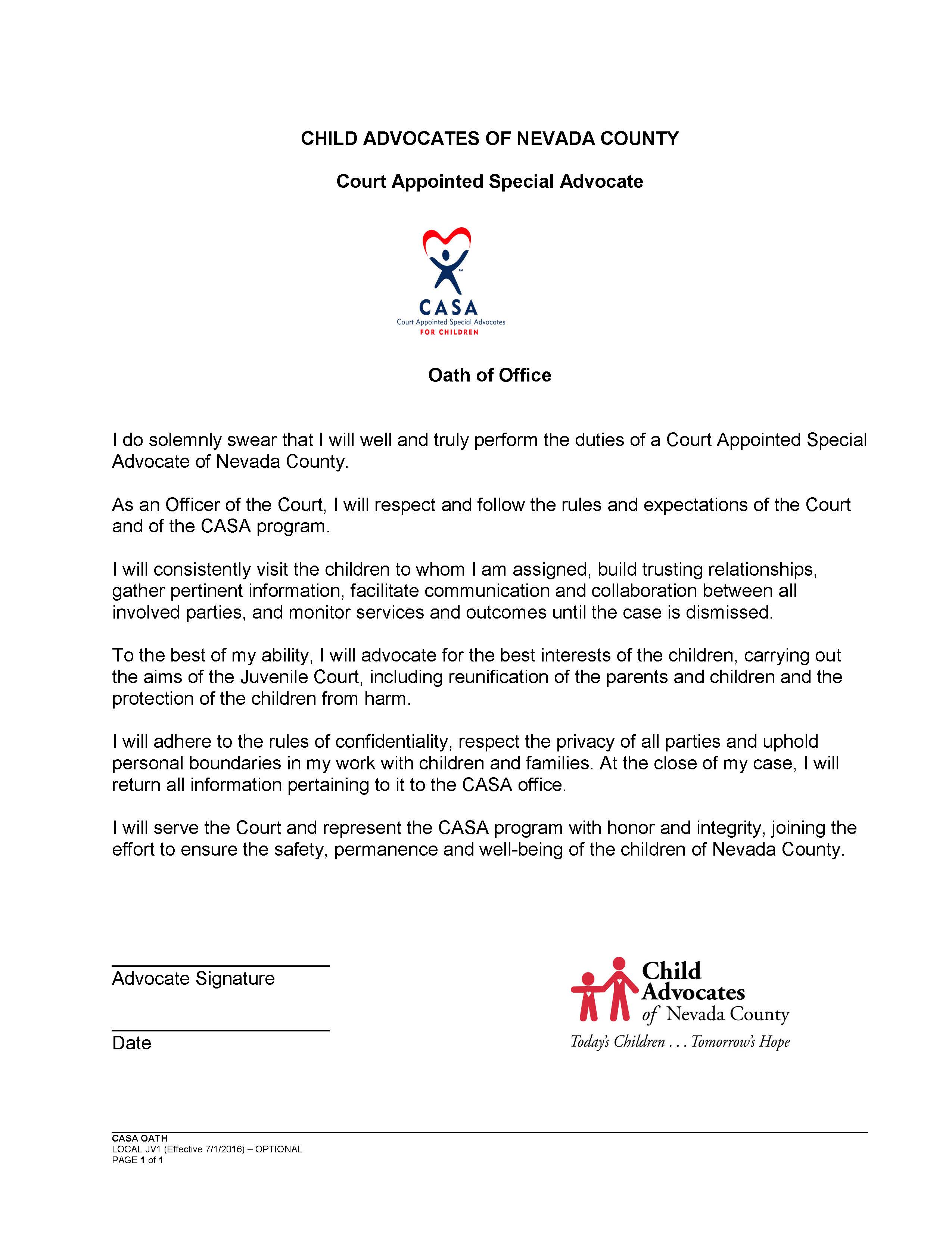 CASA Oath {JV1} | Pdf Fpdf Docx | California