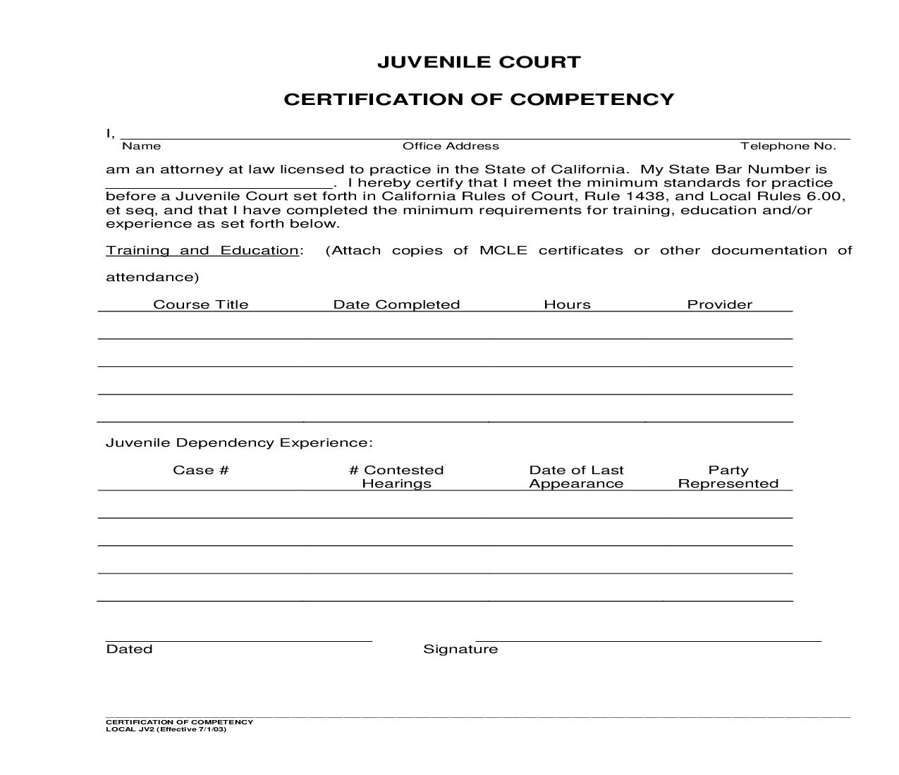 Certification Of Competency {JV2} | Pdf Fpdf Doc Docx | California