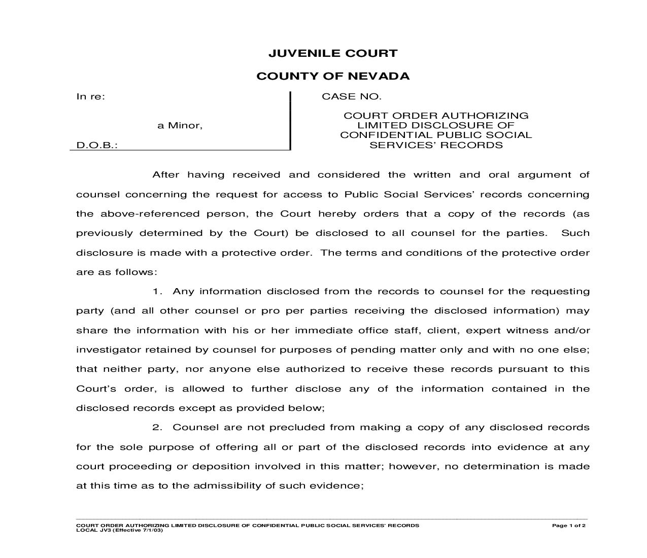 Court Order Authorizing Limited Disclosure Of Confidential Public Social Services Records {JV3} | Pdf Fpdf Doc Docx | California