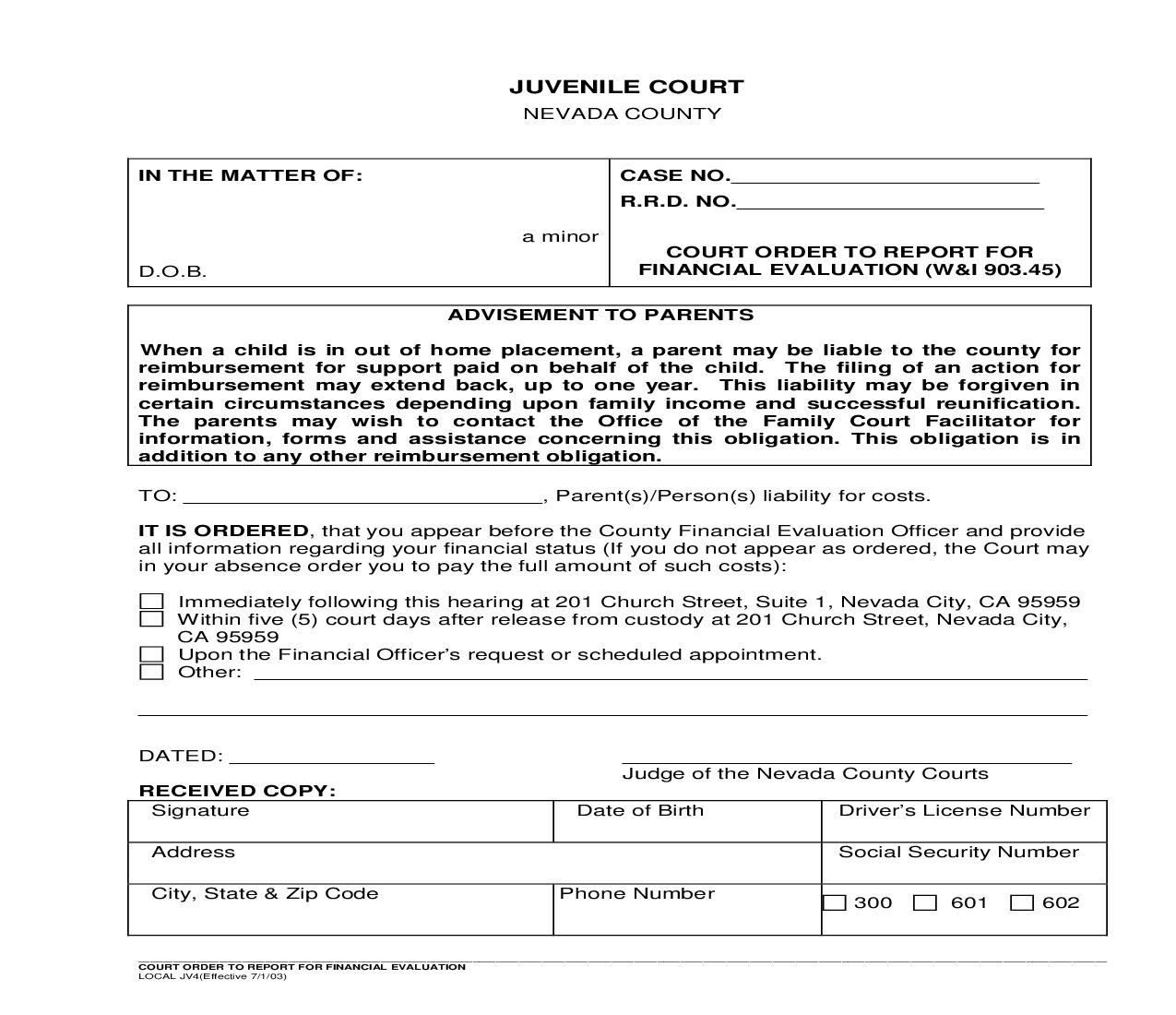 Court Order To Report For Financial Evaluation {JV4} | Pdf Fpdf Doc Docx | California