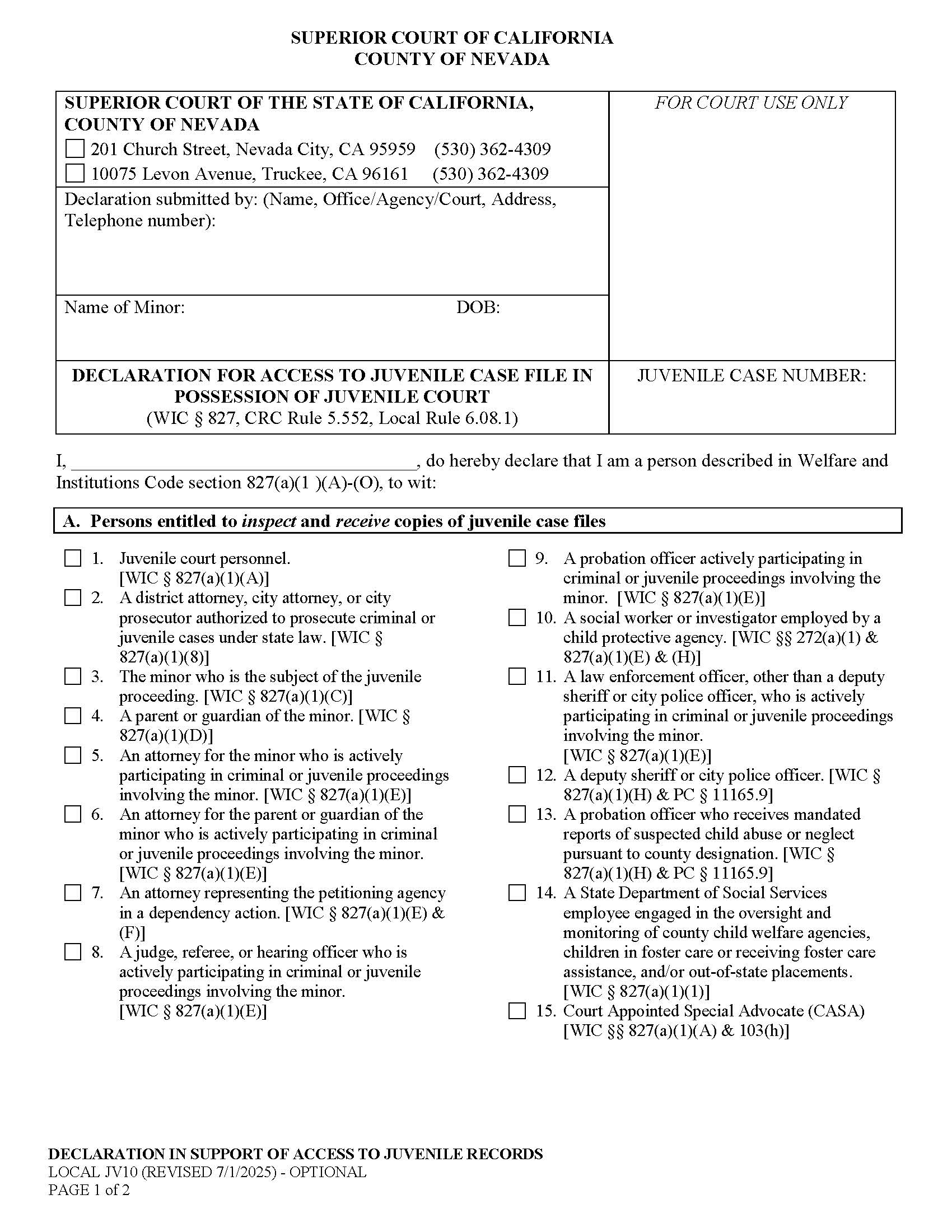 Declaration For Access To Juvenile Case File In Possesion Of Court  {JV10} | Pdf Fpdf Docx | California