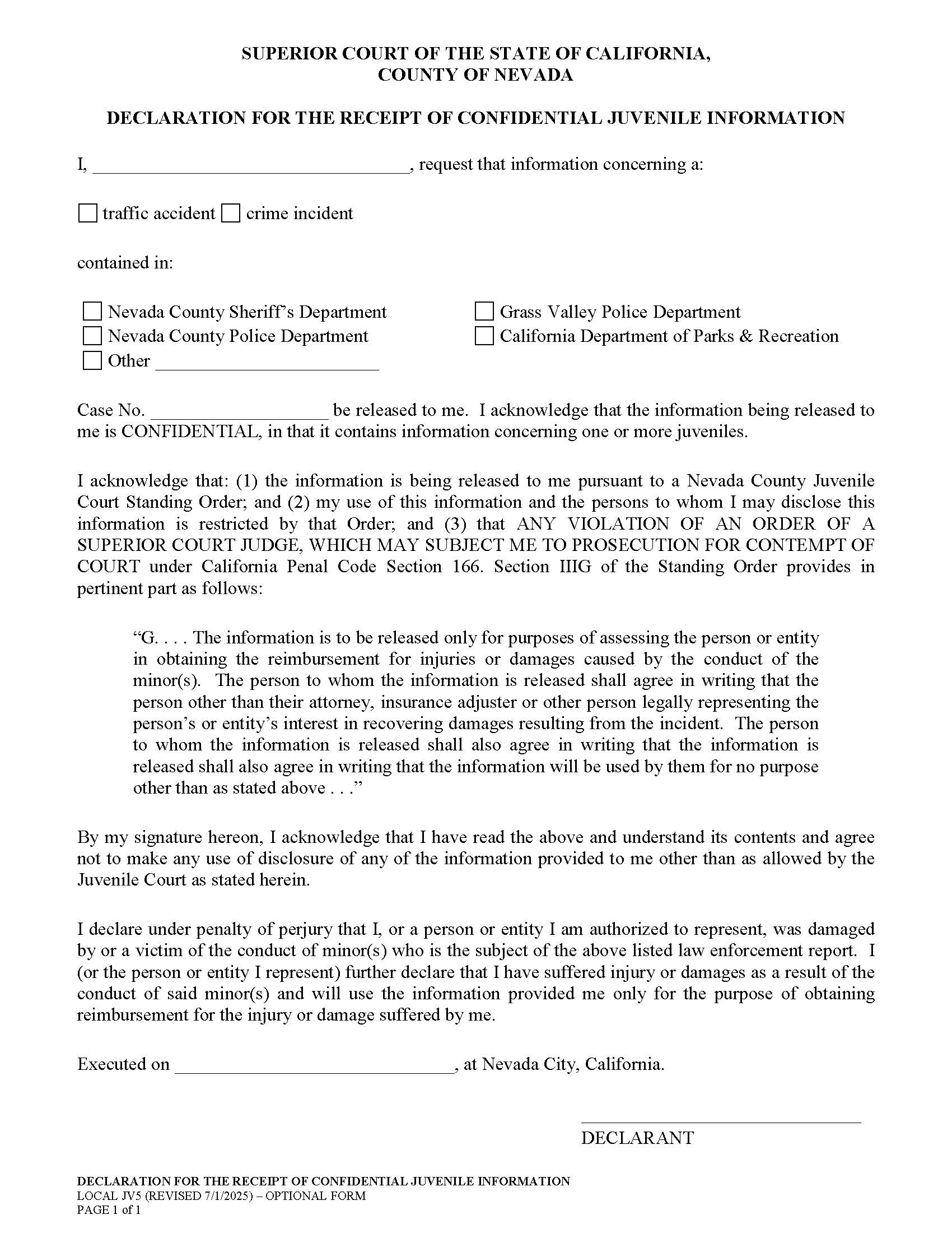 Declaration For The Receipt Of Confidential Juvenile Information {JV5} | Pdf Fpdf Doc Docx | California