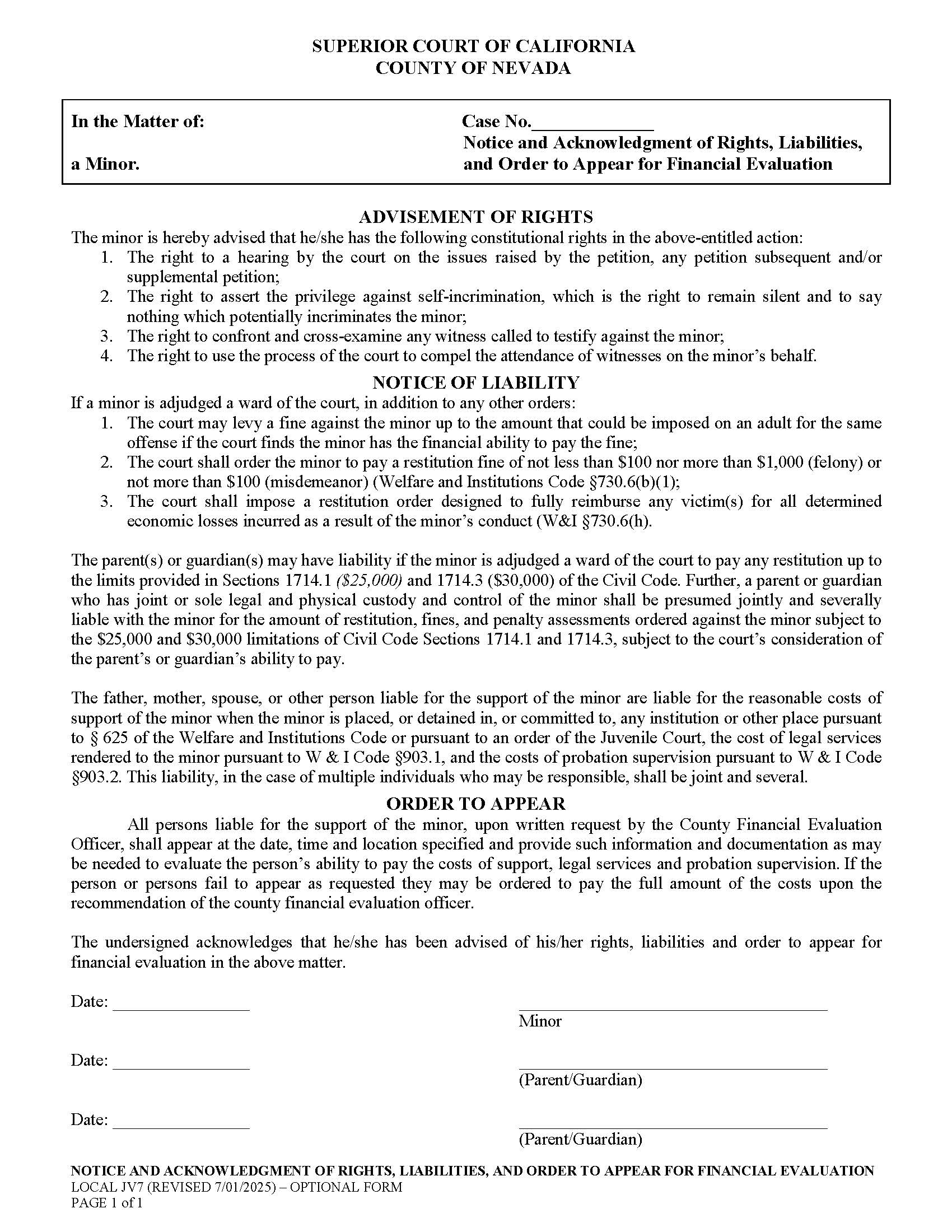 Notice And Acknowledgment Of Rights And Potential Liabilites {JV7} | Pdf Fpdf Doc Docx | California