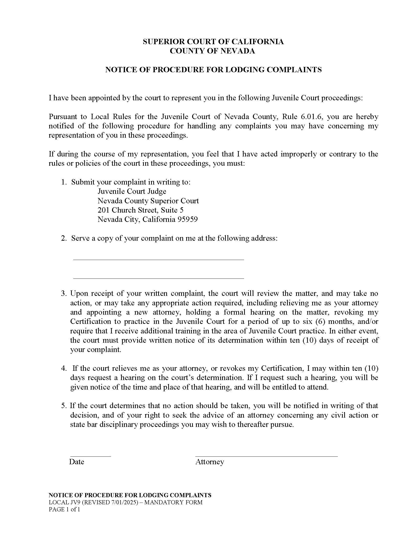 Notice Of Procedure For Lodging Complaints {JV9} | Pdf Fpdf Doc Docx | California