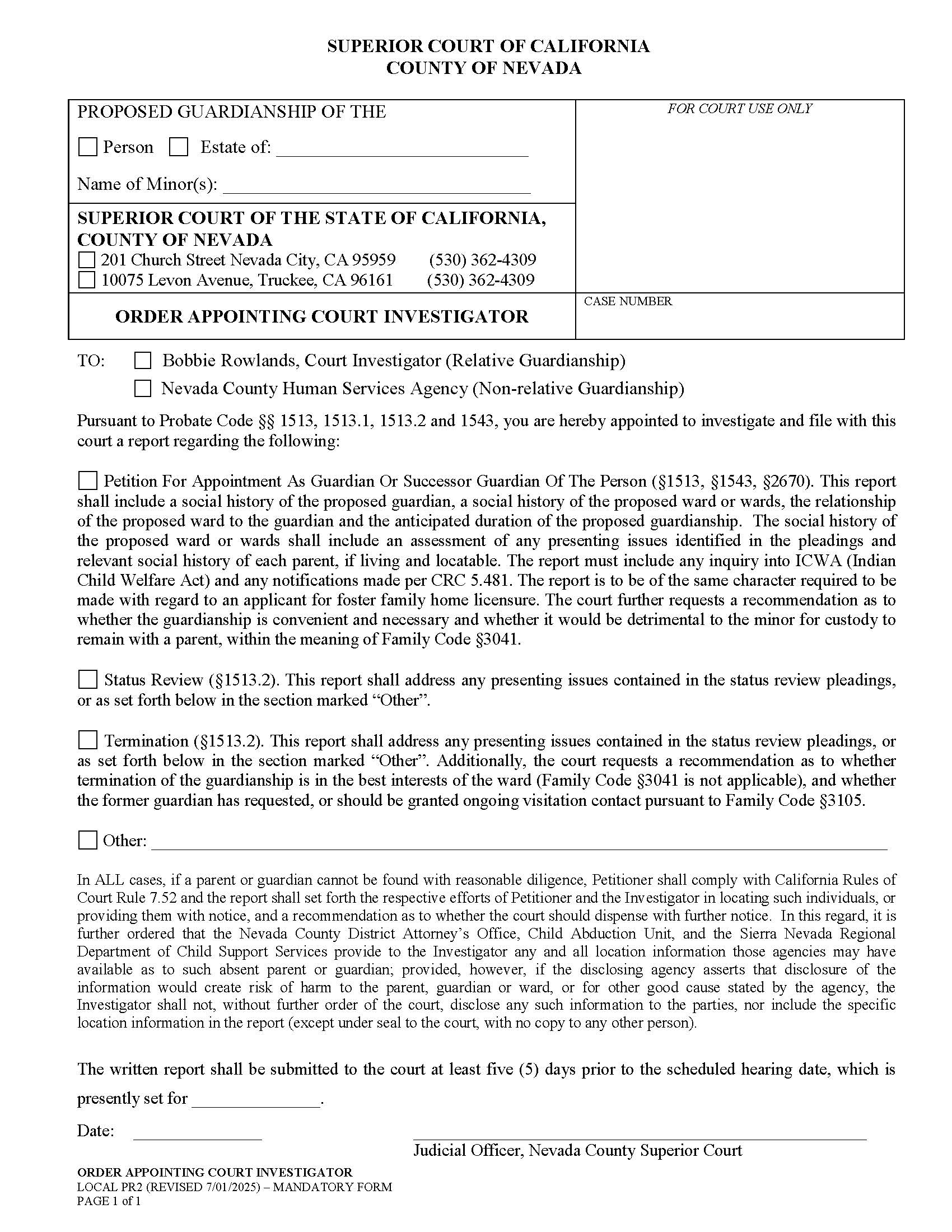 Order Appointing Court Investigator {PR2} | Pdf Fpdf Doc Docx | California