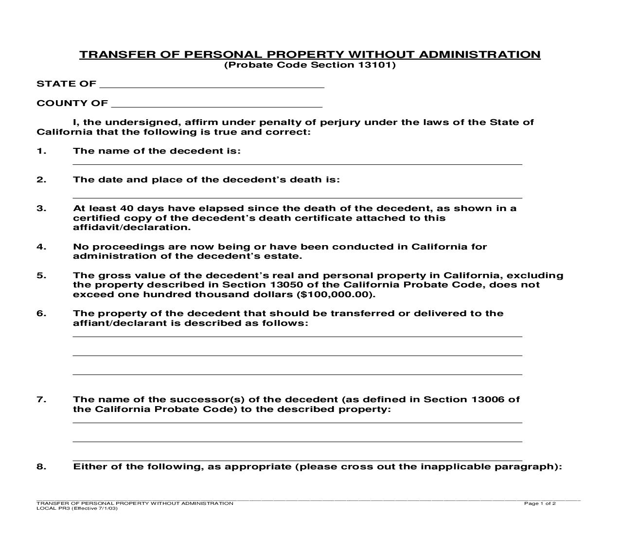 Transfer Of Personal Property Without Administration {PR3} | Pdf Fpdf Doc Docx | California