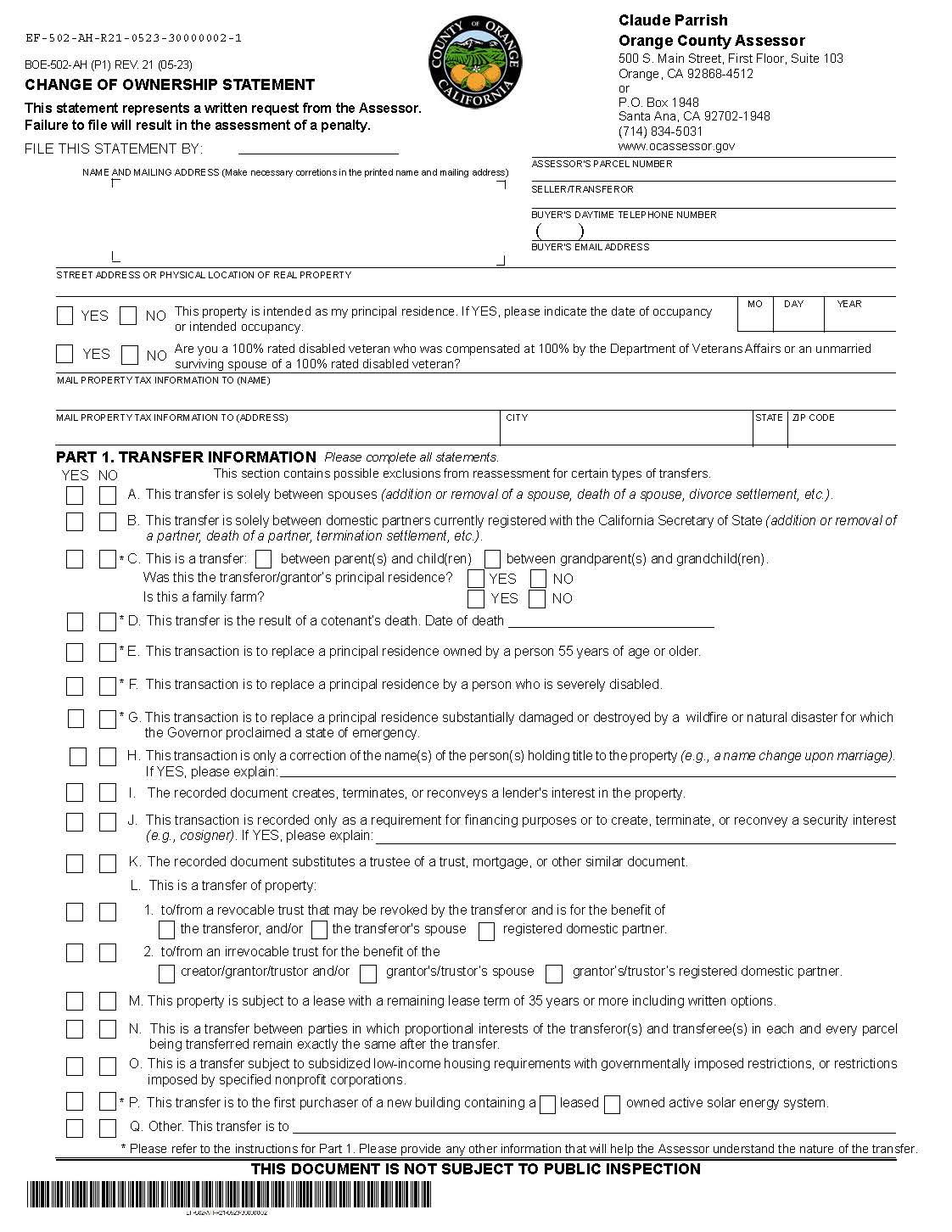 Change In Ownership Statement (Orange County) {BOE-502-AH} | Pdf Fpdf Docx | California