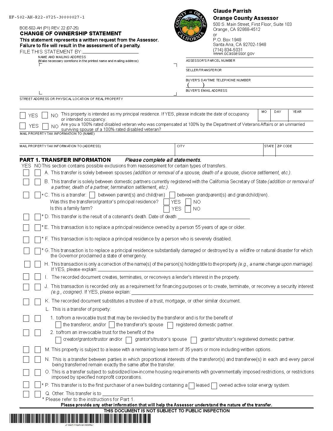 Change In Ownership Statement (Orange County) {BOE-502-AH} | Pdf Fpdf Docx | California