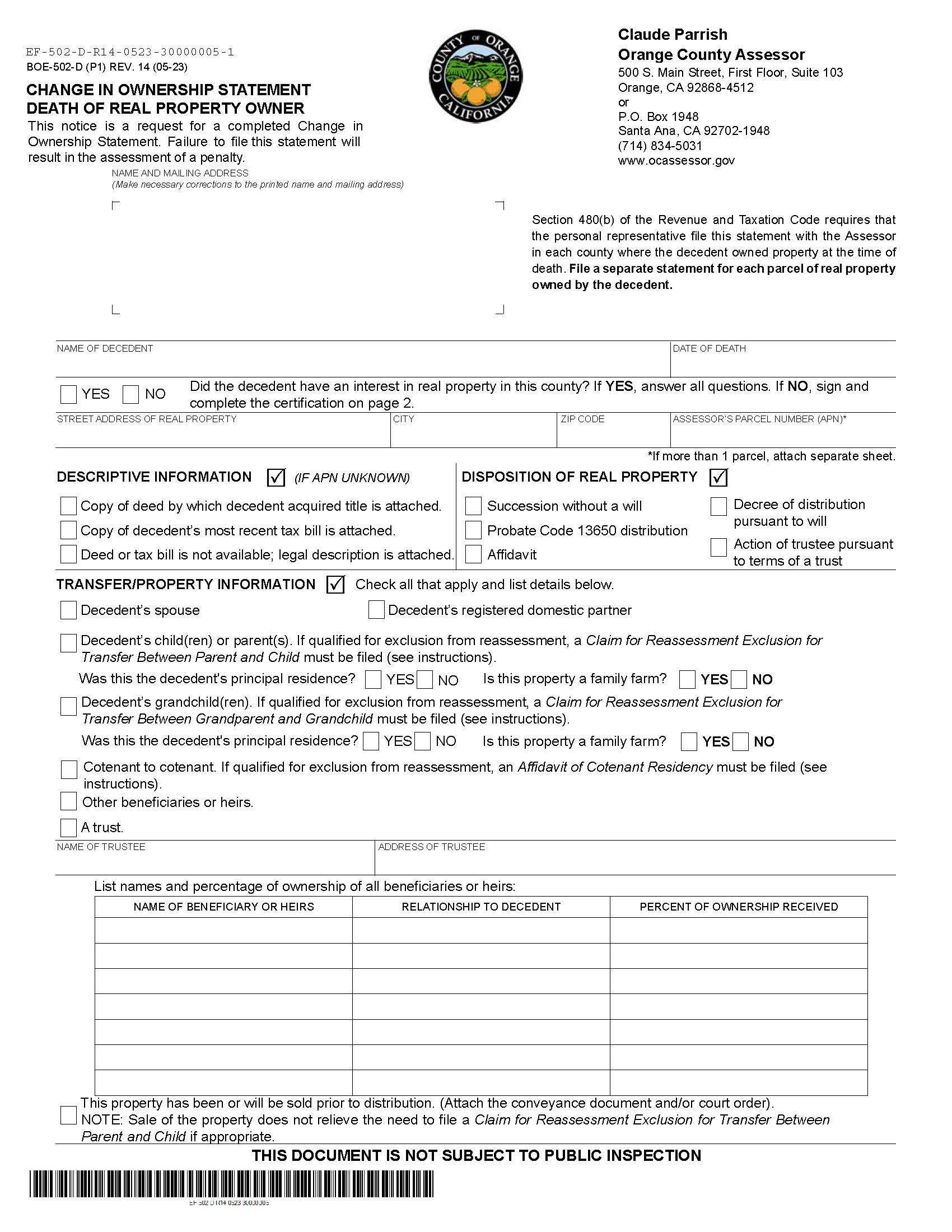 Change In Ownership Statement Death Of Real Property Owner (Orange County) {BOE-502-D} | Pdf Fpdf Docx | California