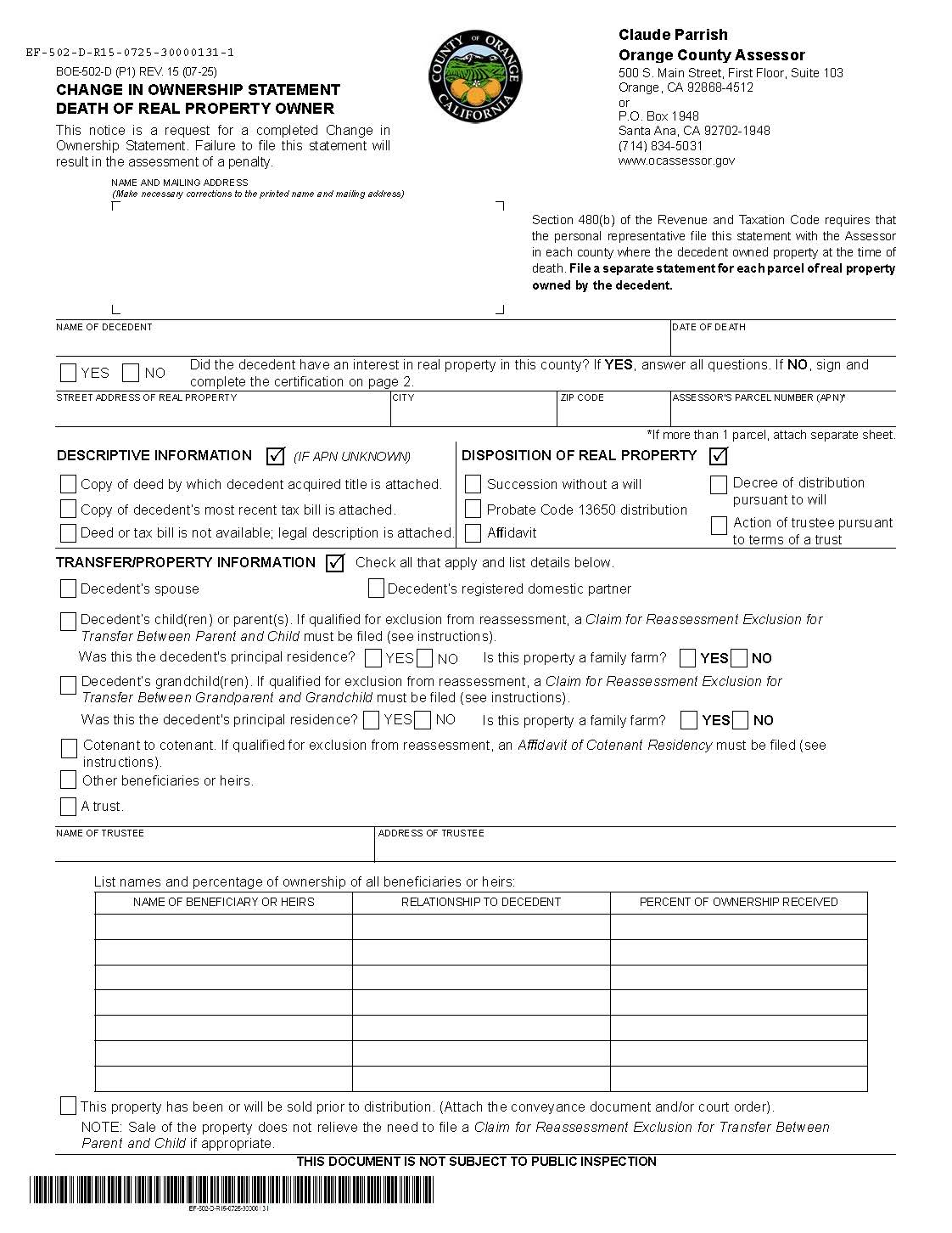 Change In Ownership Statement Death Of Real Property Owner (Orange County) {BOE-502-D} | Pdf Fpdf Docx | California