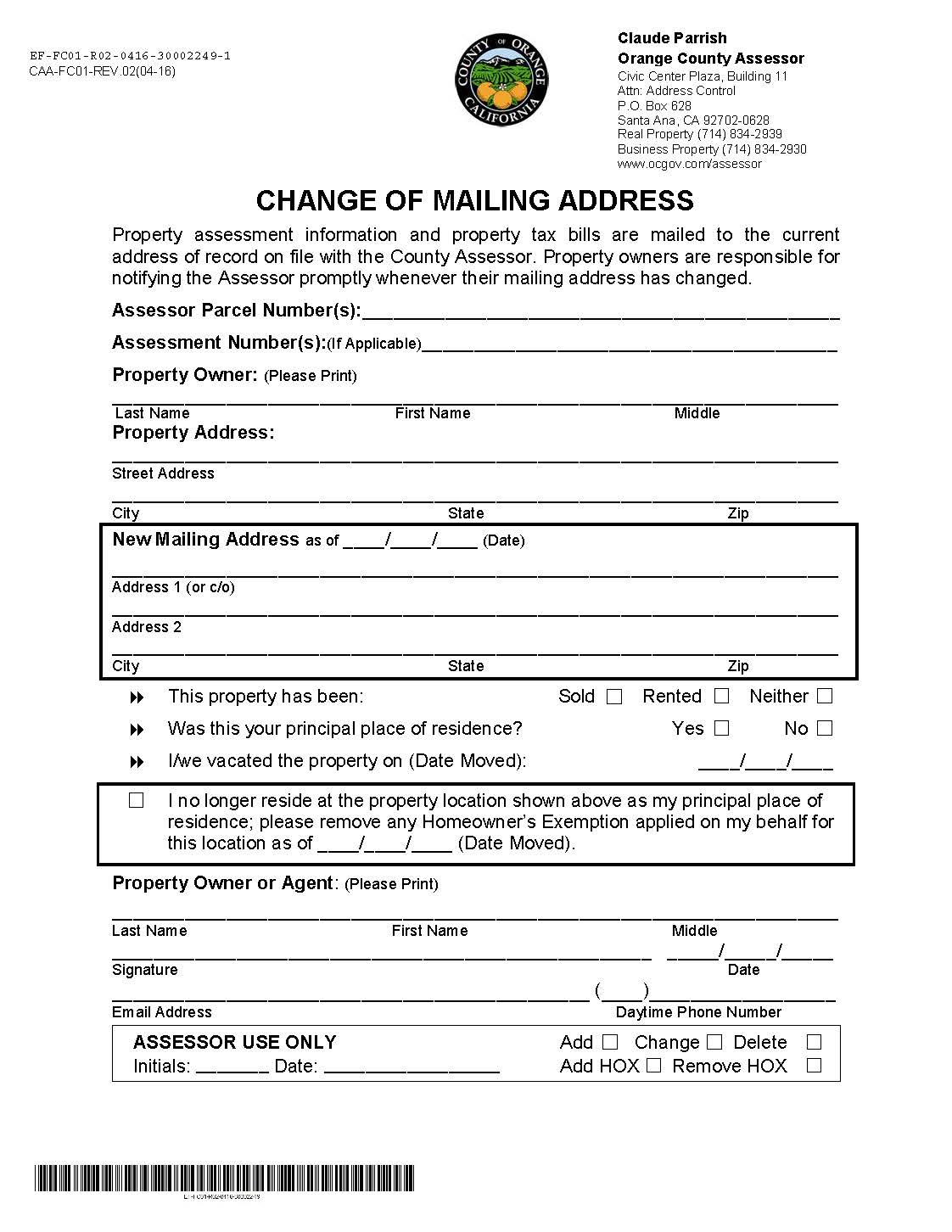 Change Of Mailing Address Notice {CAA-FC01} | Pdf Fpdf Doc Docx | California