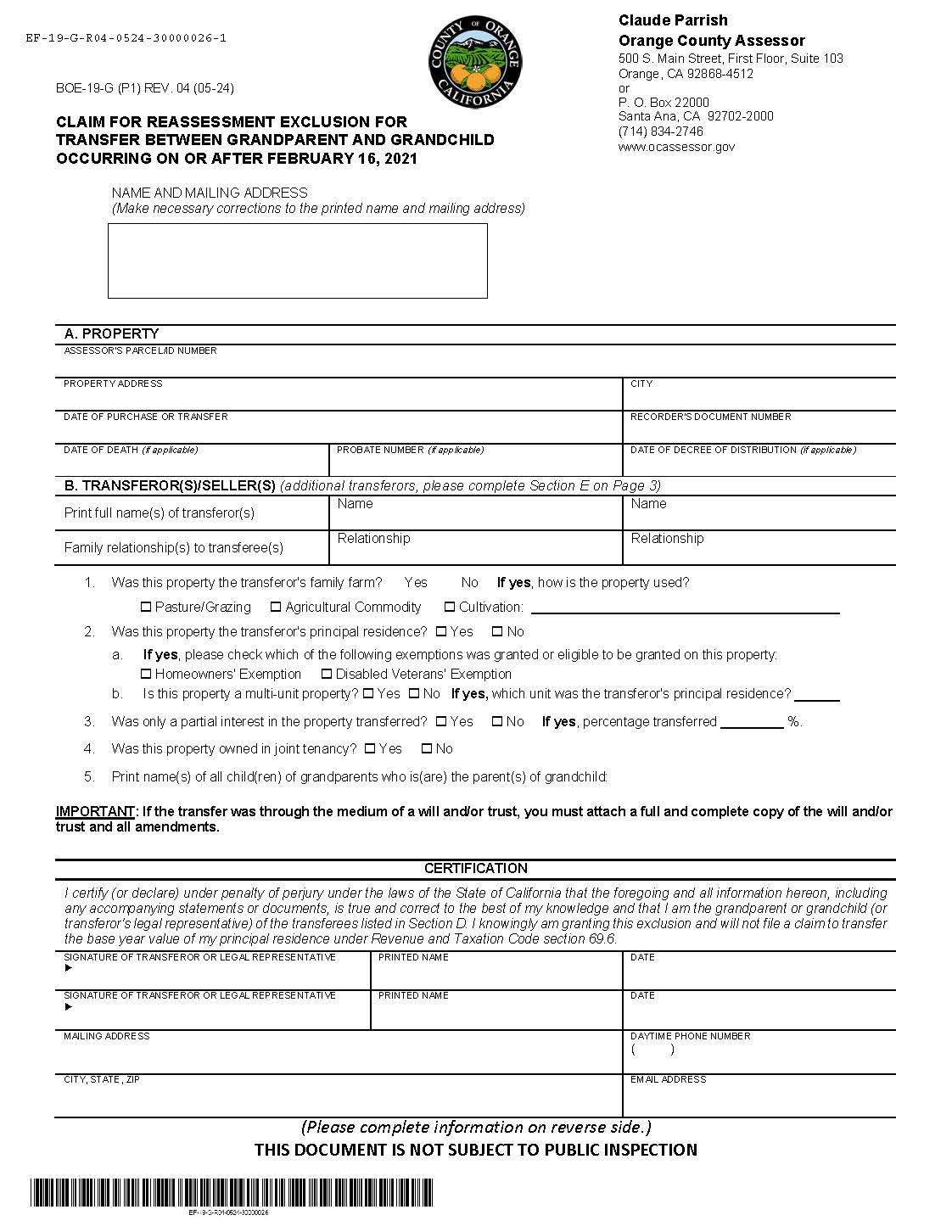 Claim For Reassessment Exclusion For Transfer Between Grandparent And Grandchild (Orange County) {BOE-19-G} | Pdf Fpdf Docx | California