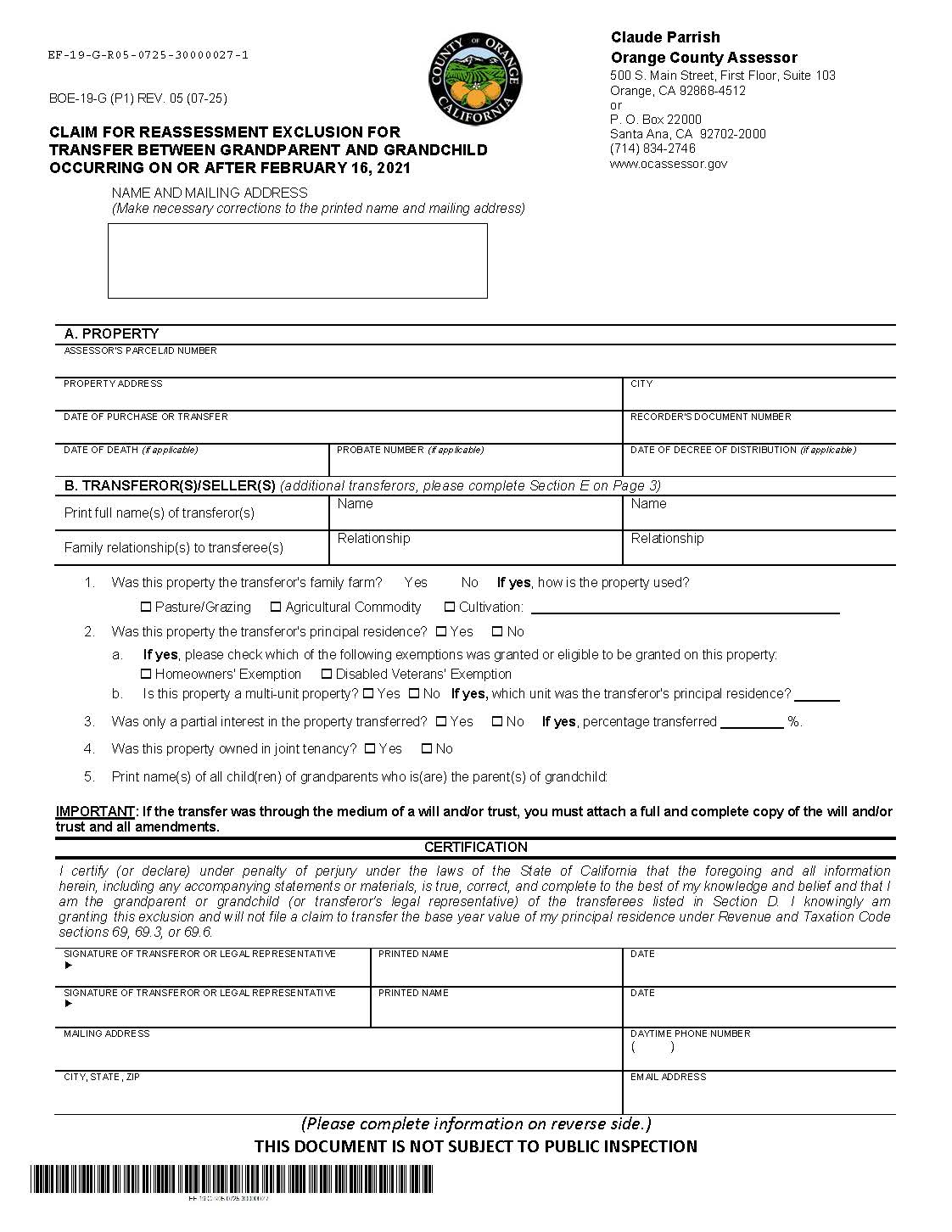 Claim For Reassessment Exclusion For Transfer Between Grandparent And Grandchild (Orange County) {BOE-19-G} | Pdf Fpdf Docx | California