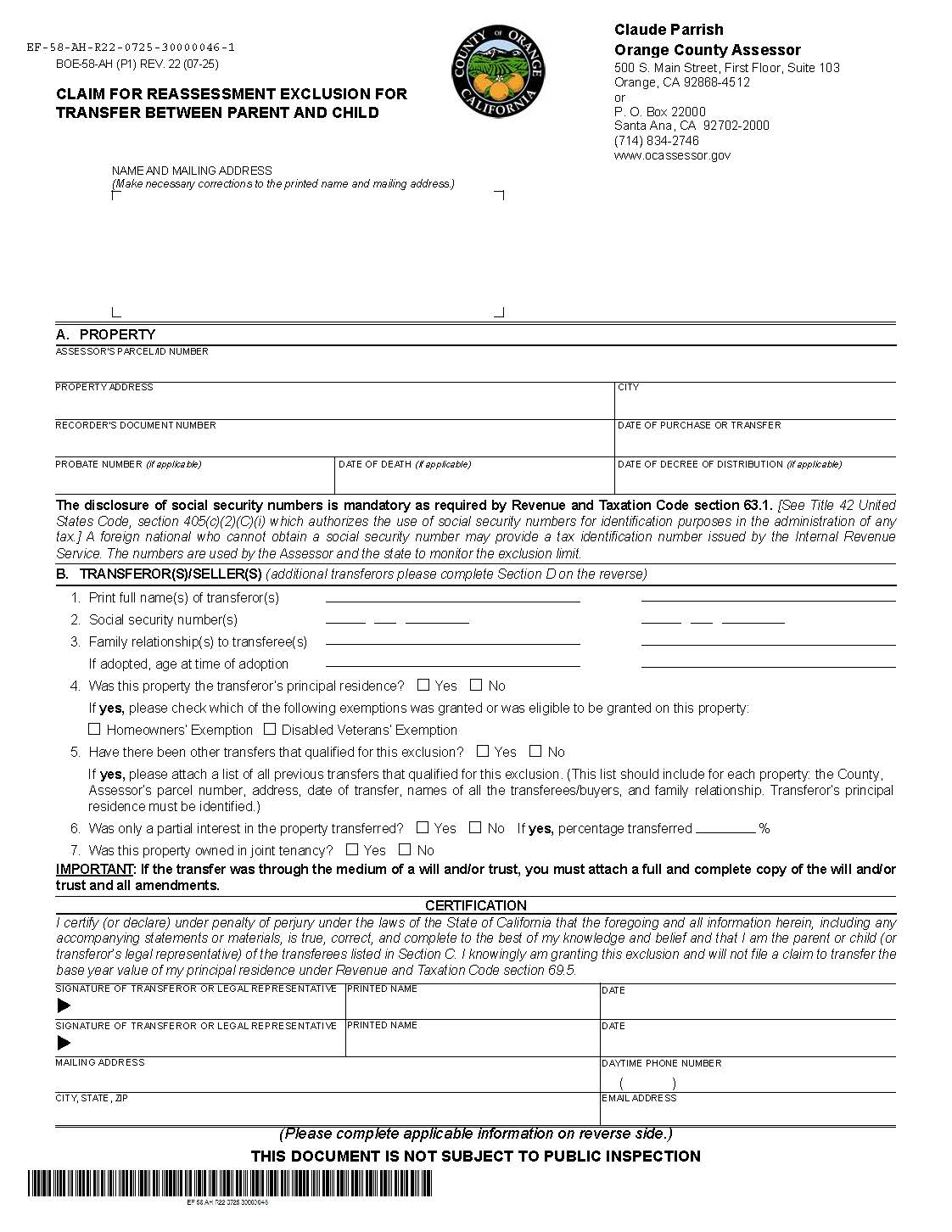 Claim For Reassessment Exclusion For Transfer Between Parent And Child (Before 02-16-21) (Orange) {BOE-58-AH} | Pdf Fpdf Docx | California