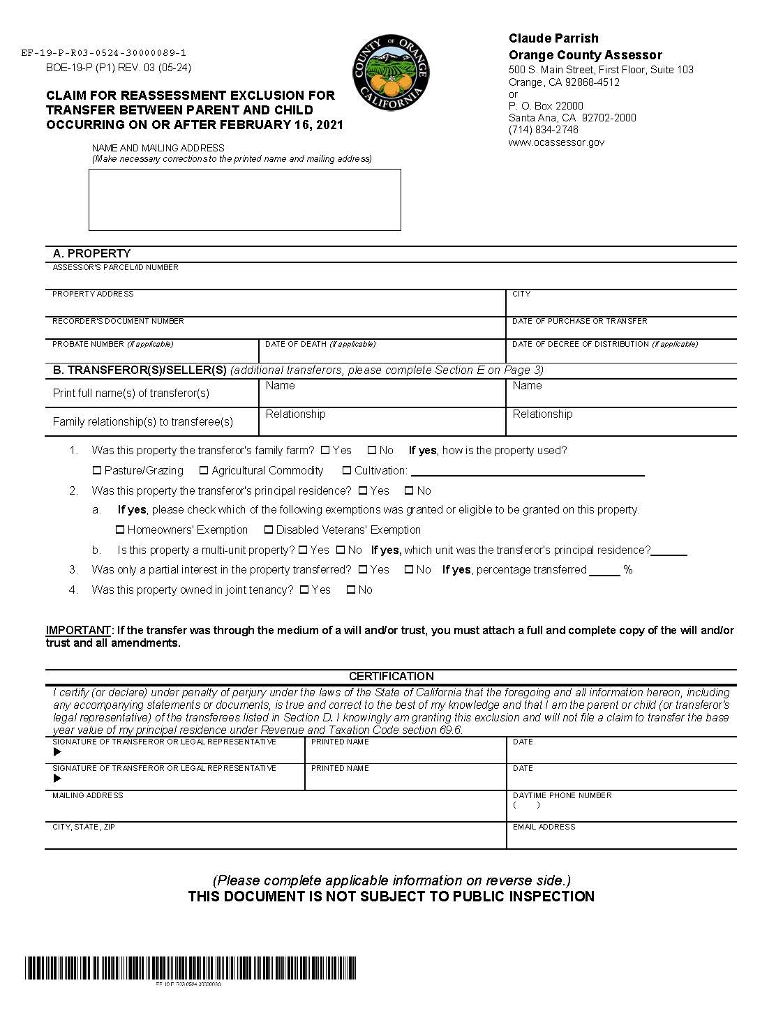 Claim For Reassessment Exclusion For Transfer Between Parent And Child (Orange County) {BOE-19-P} | Pdf Fpdf Docx | California