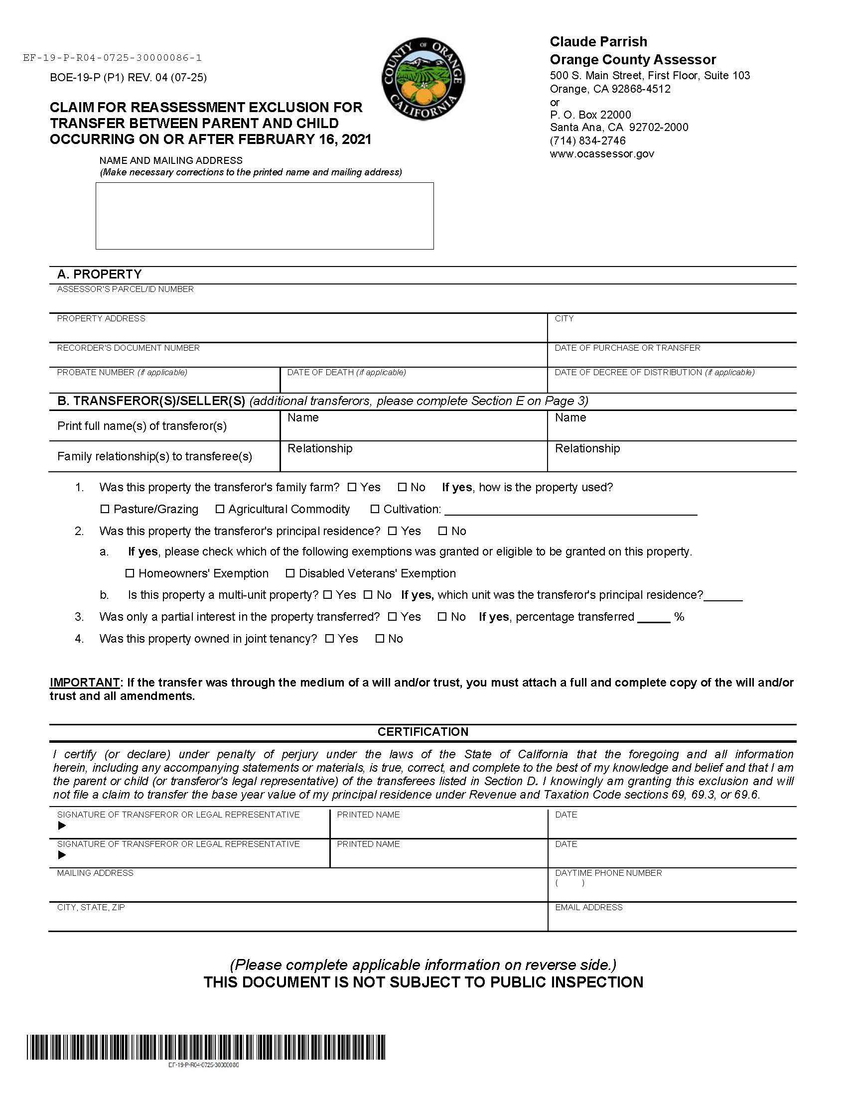 Claim For Reassessment Exclusion For Transfer Between Parent And Child (Orange County) {BOE-19-P} | Pdf Fpdf Docx | California