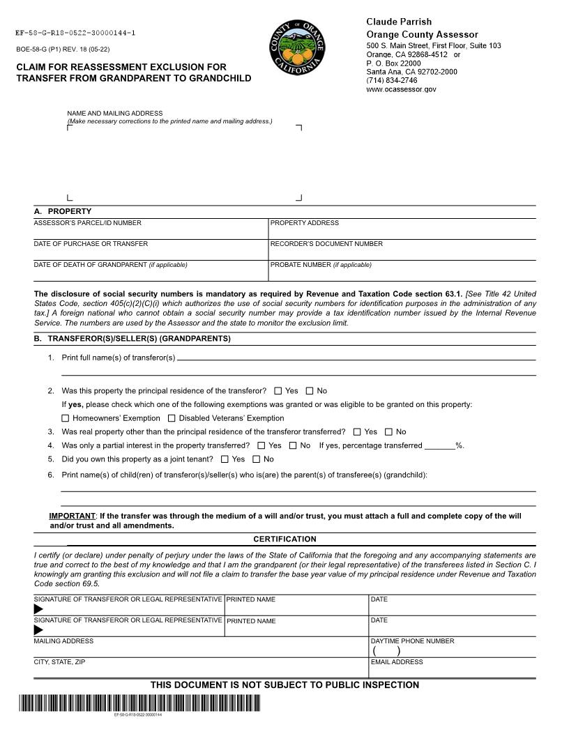 Claim For Reassessment Exclusion-Transfer From Grandparent To Grandchild (Before 02-16-21) (Orange) {BOE-58-G} | Pdf Fpdf Docx | California