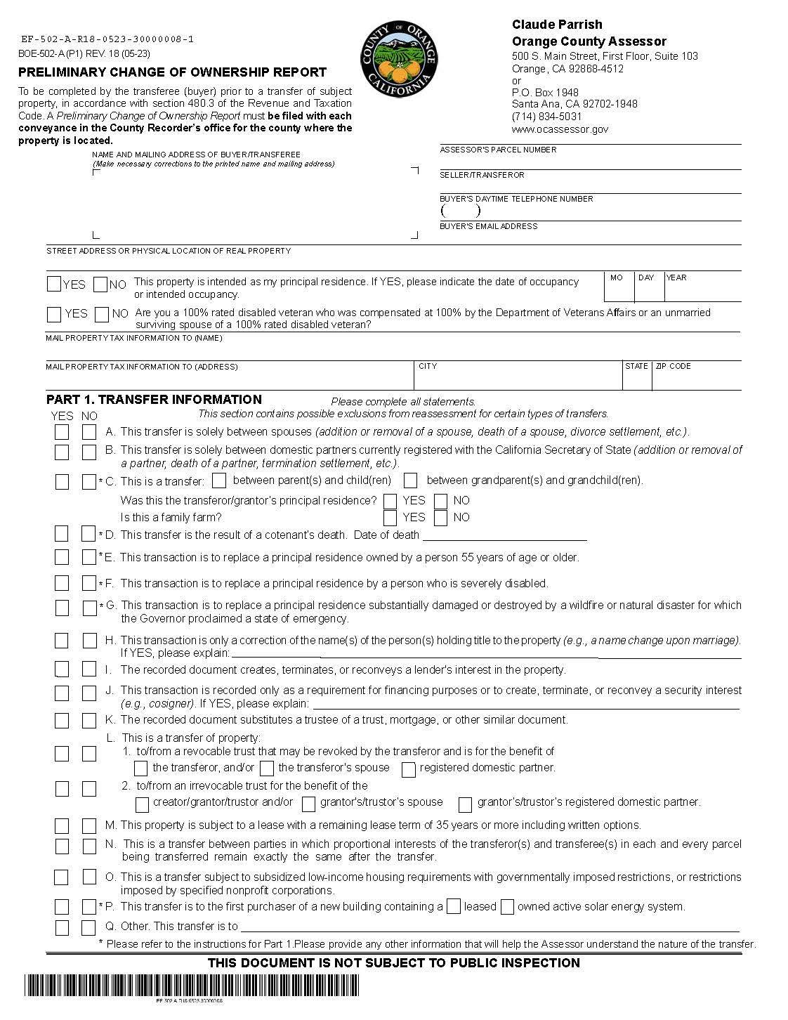 Preliminary Change Of Ownership Report (Orange County) {BOE-502-A} | Pdf Fpdf Docx | California