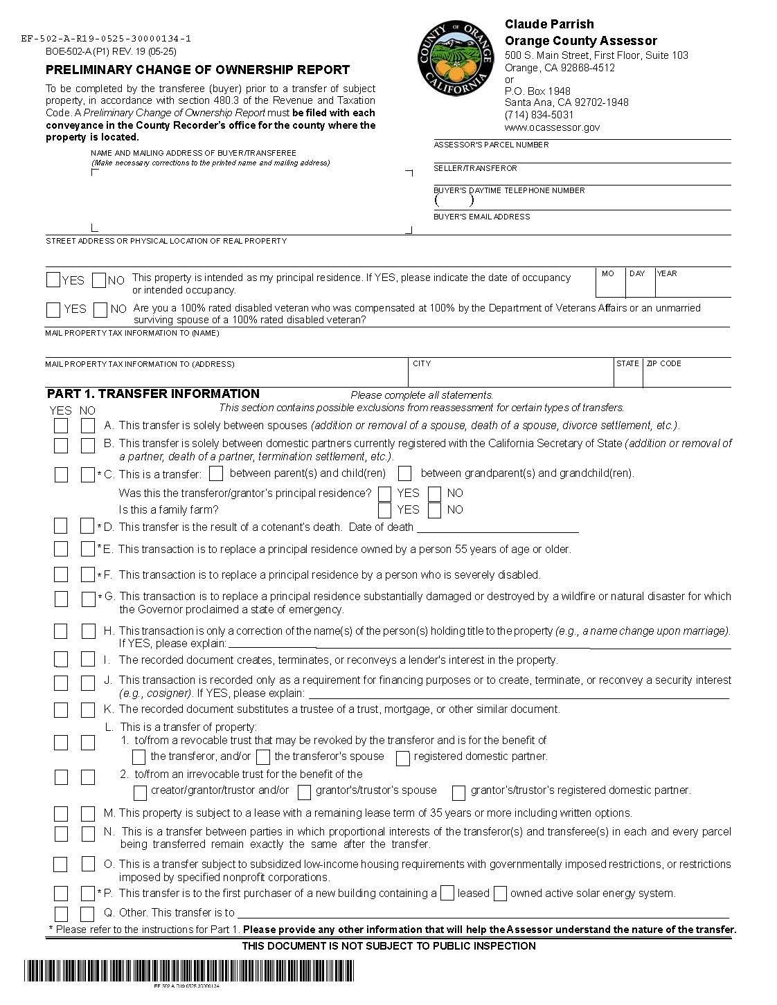 Preliminary Change Of Ownership Report (Orange County) {BOE-502-A} | Pdf Fpdf Docx | California