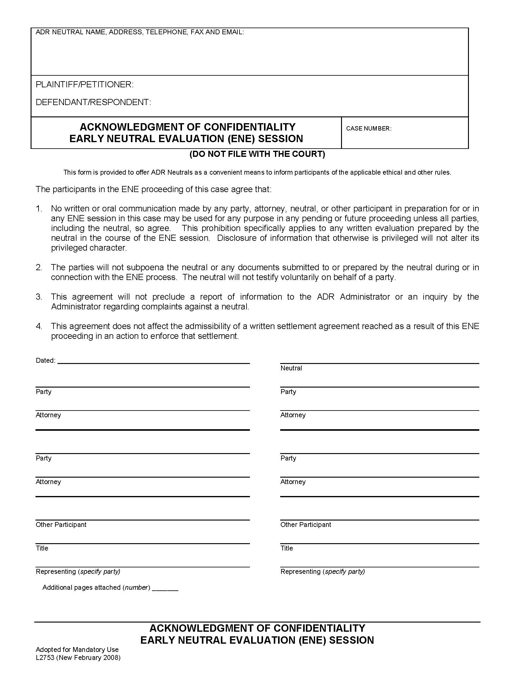 Acknowledgment Of Confidentiality Early Neutral Evaluation (ENE) Session {L2753} | Pdf Fpdf Doc Docx | California