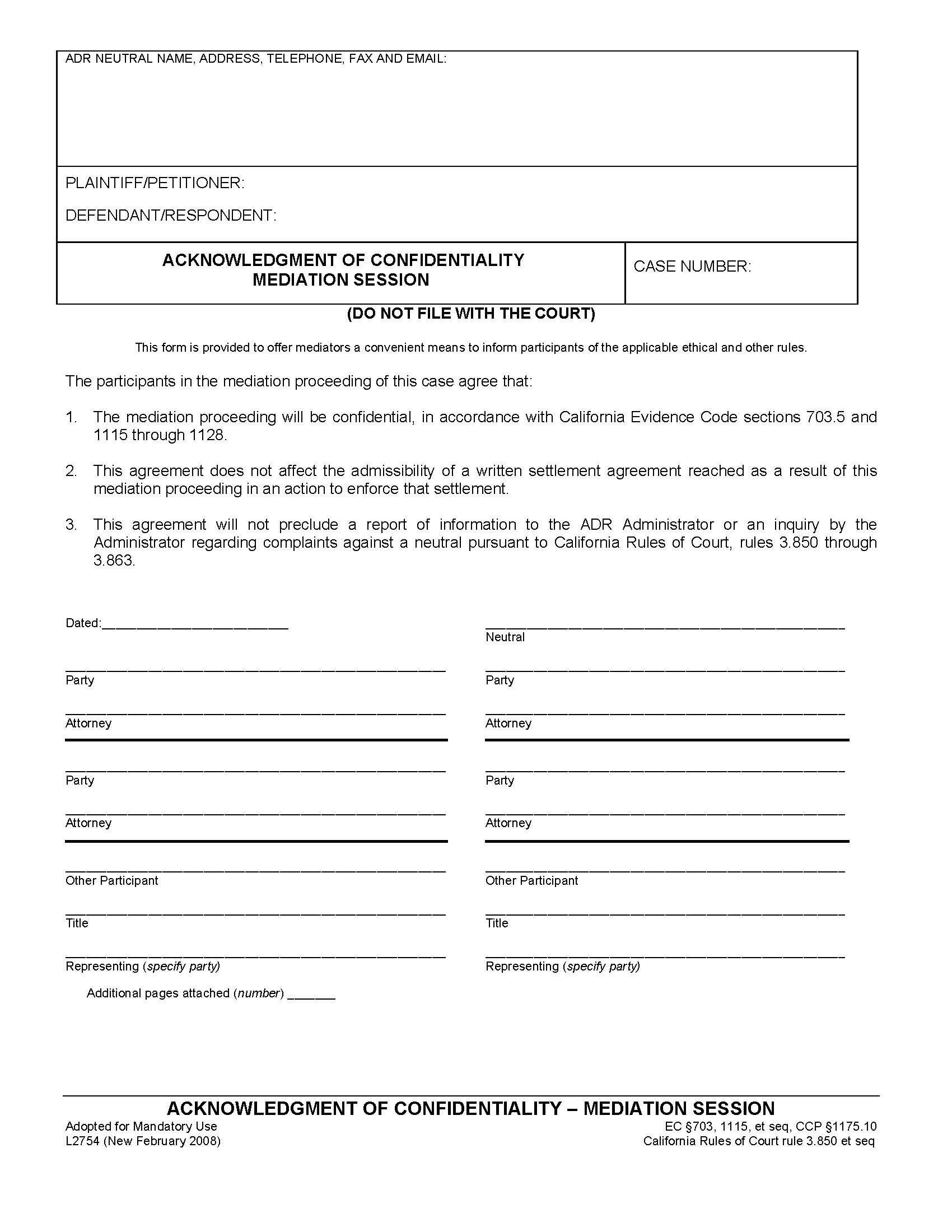 Acknowledgment Of Confidentiality-Mediation Session {L2754} | Pdf Fpdf Doc Docx | California