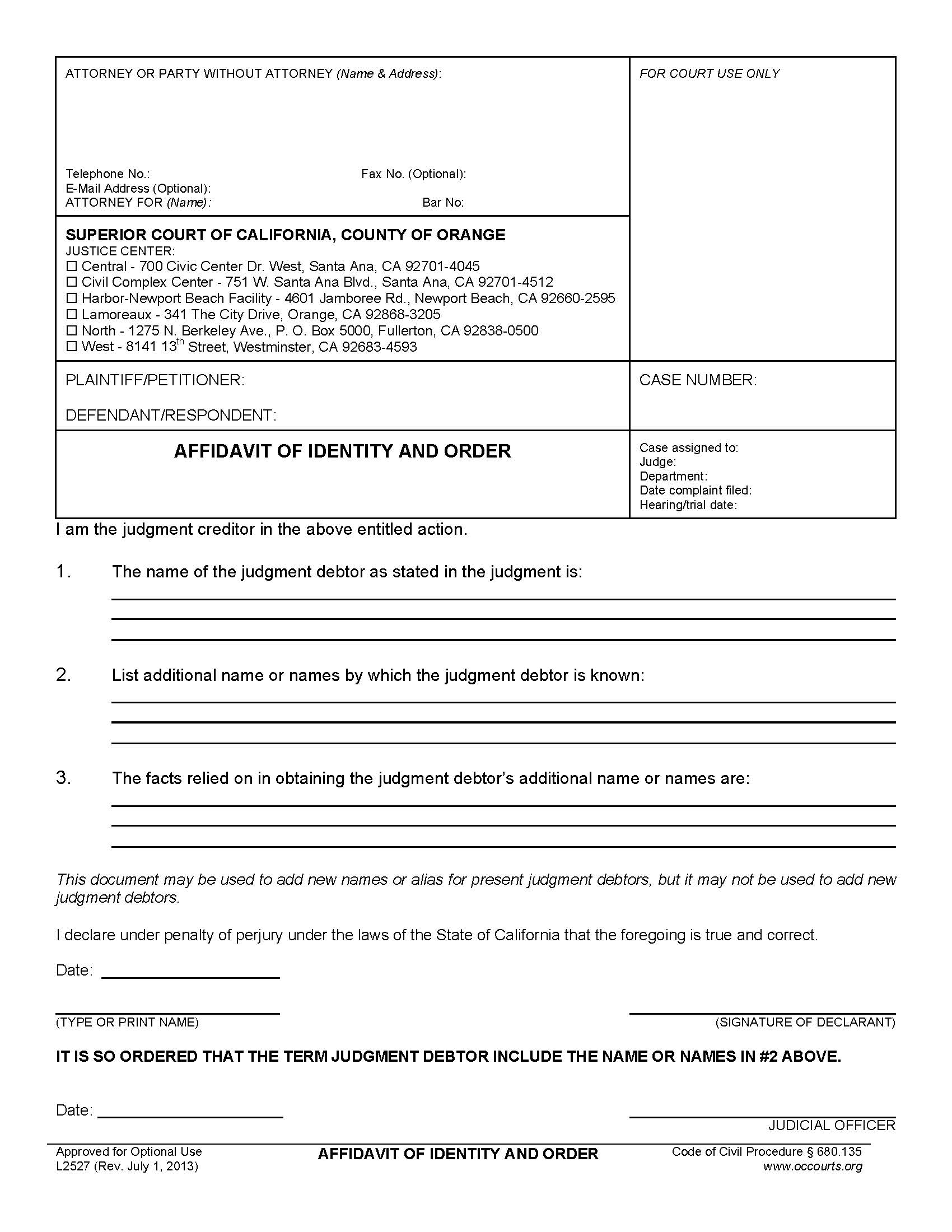 Affidavit Of Identity And Order {L2527} | Pdf Fpdf Doc Docx | California