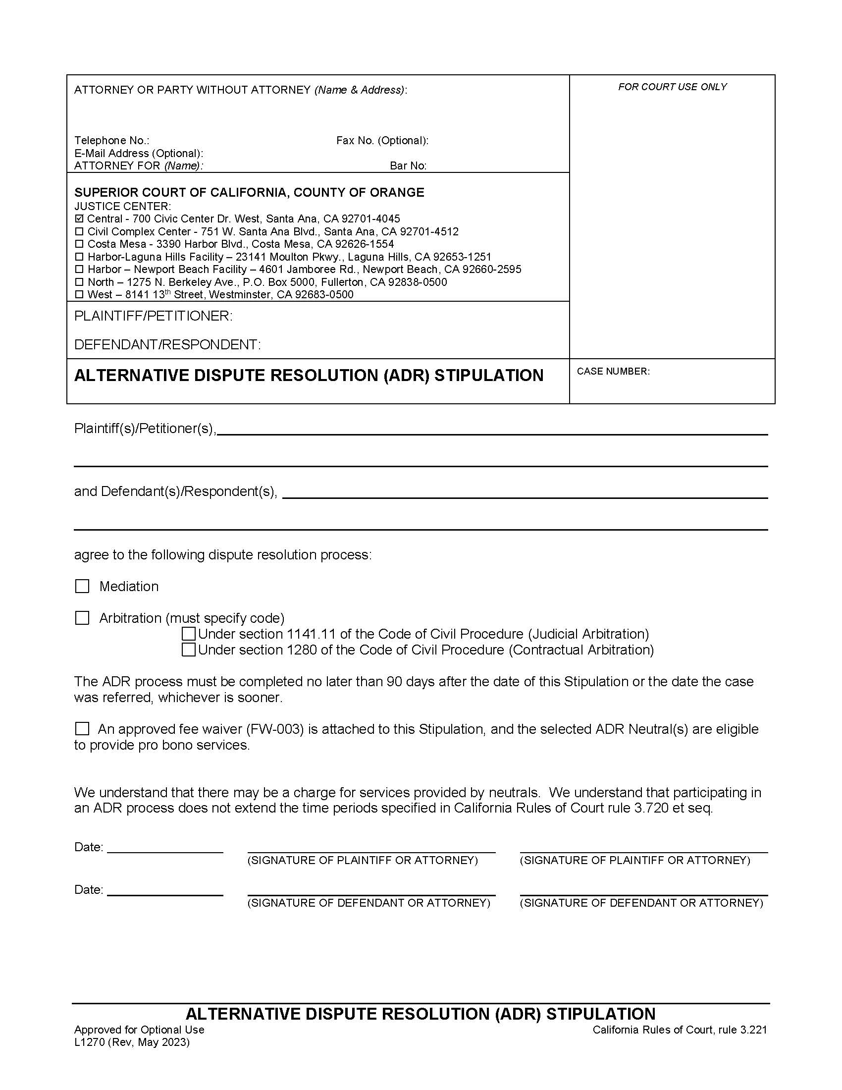 Alternative Dispute Resolution (ADR) Stipulation {L1270} | Pdf Fpdf Docx | California