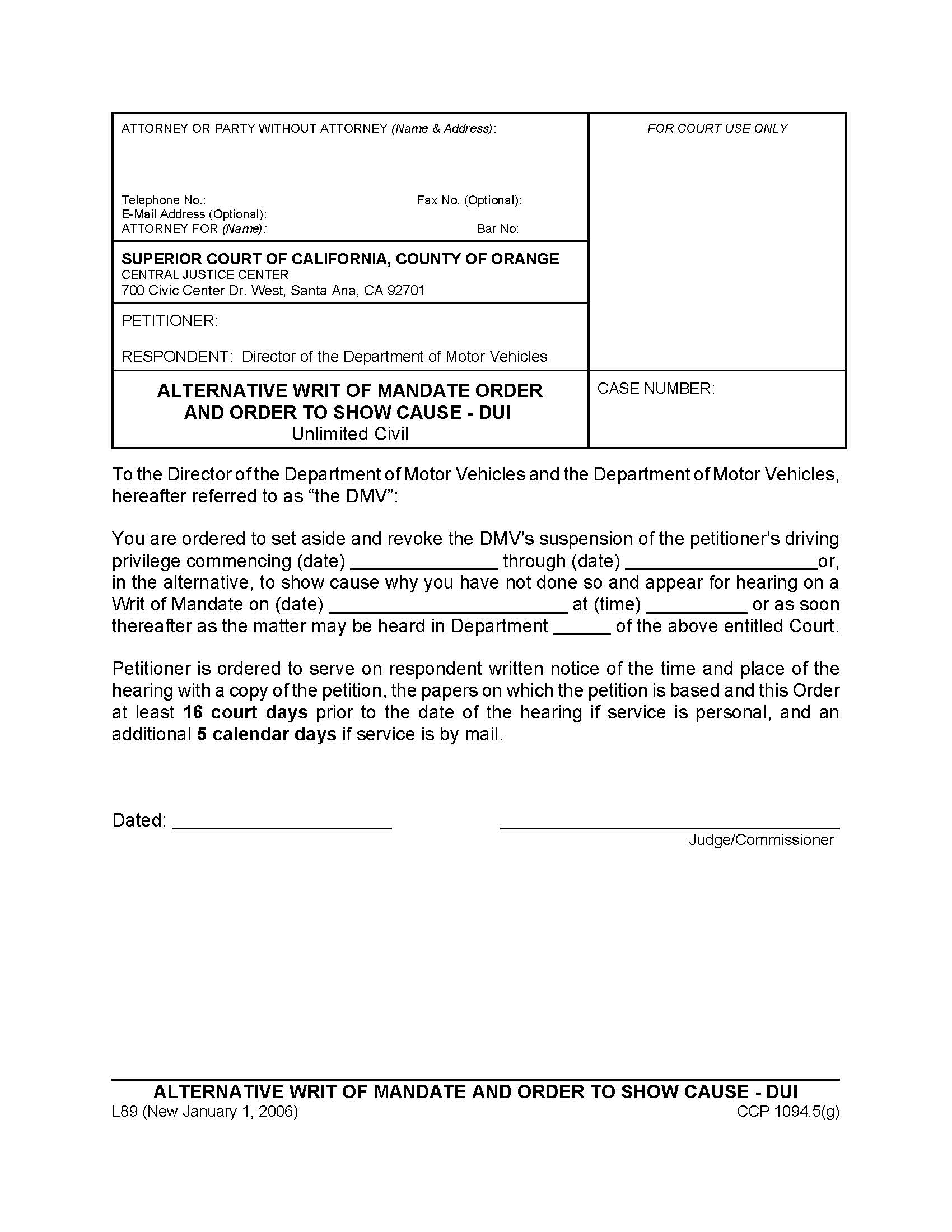 Alternative Writ Of Mandate And Order To Show Cause-DUI {L89} | Pdf Fpdf Doc Docx | California