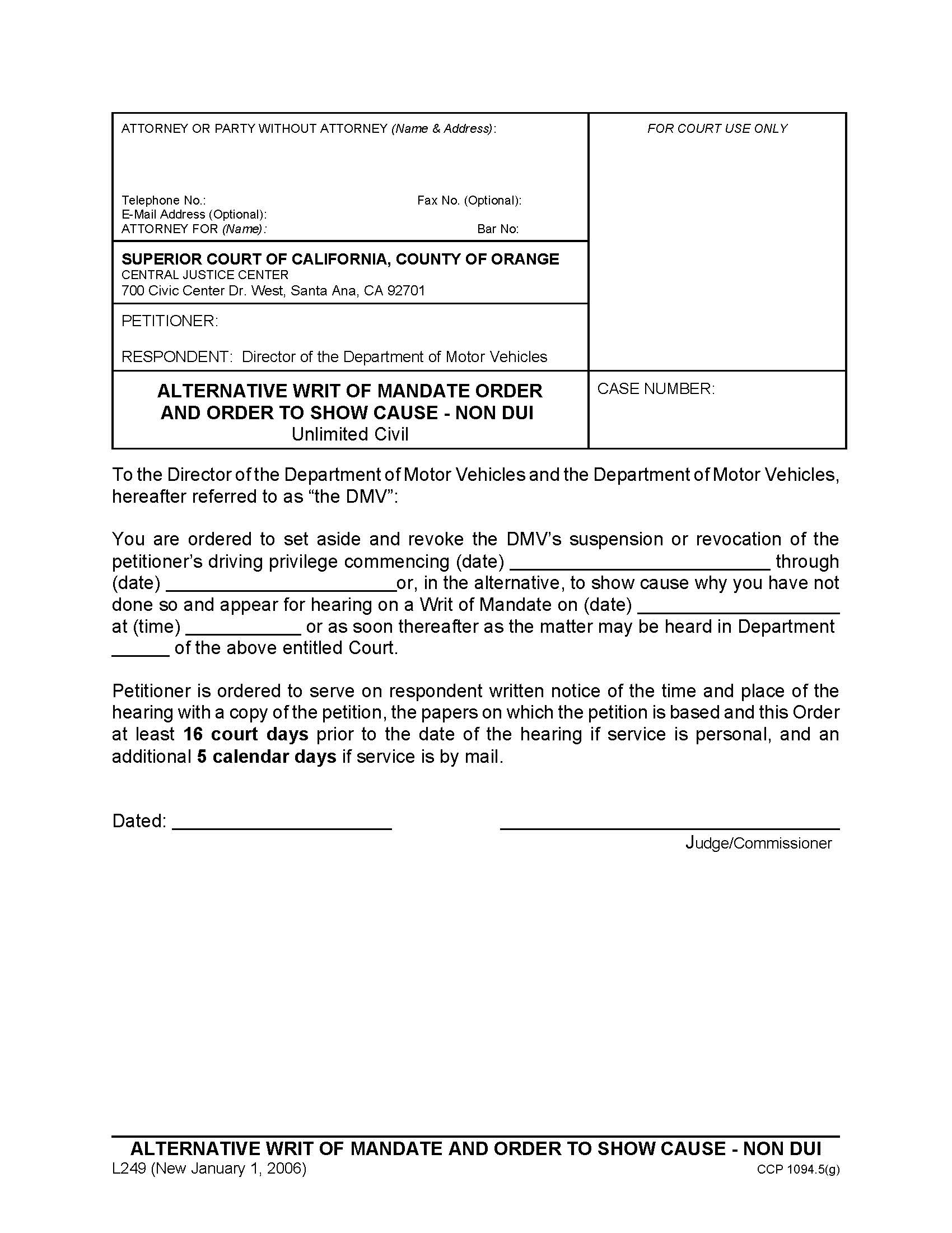 Alternative Writ Of Mandate And Order To Show Cause-Non DUI {L249} | Pdf Fpdf Doc Docx | California