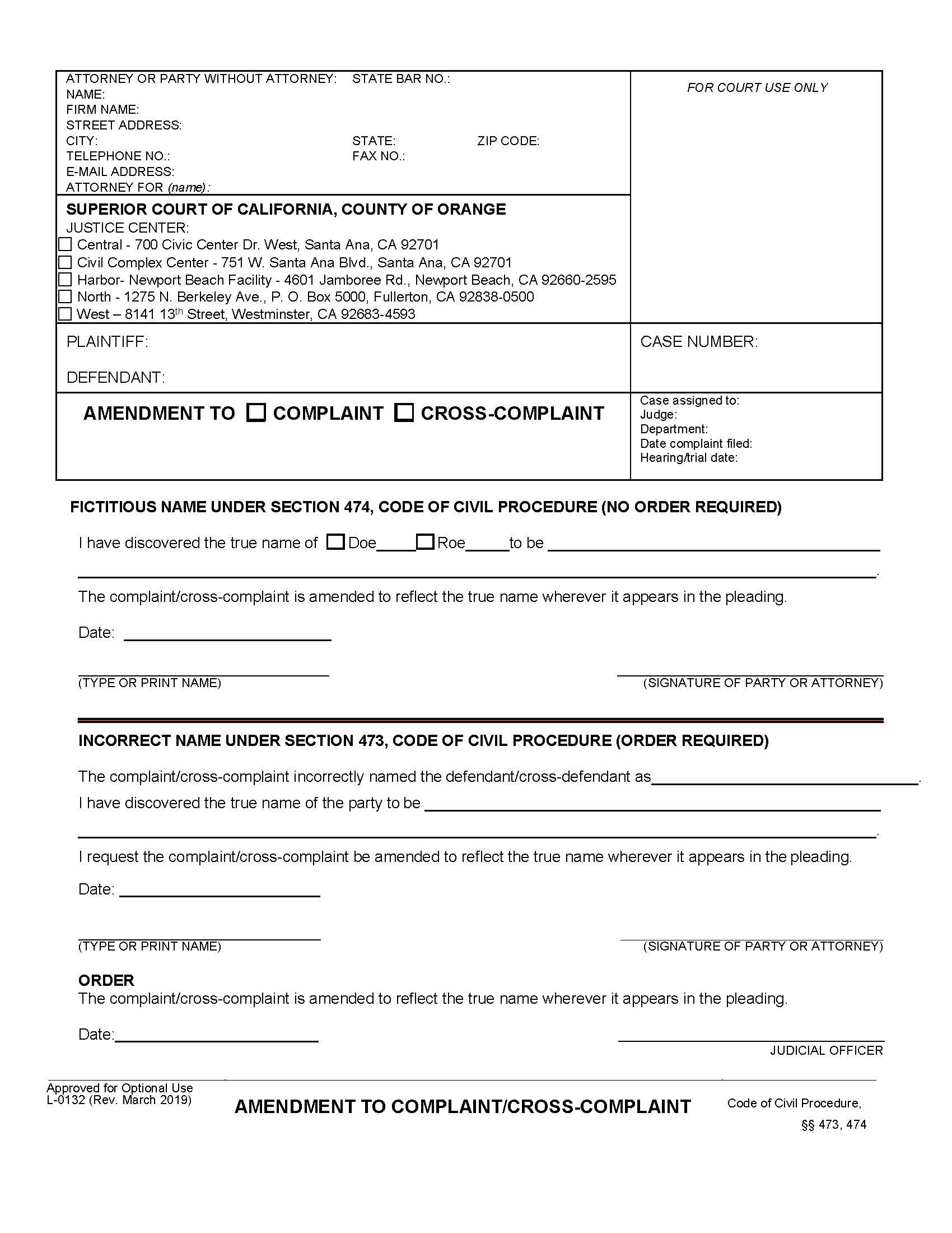 Amendment To Complaint Cross-Complaint {L-0132} | Pdf Fpdf Docx | California